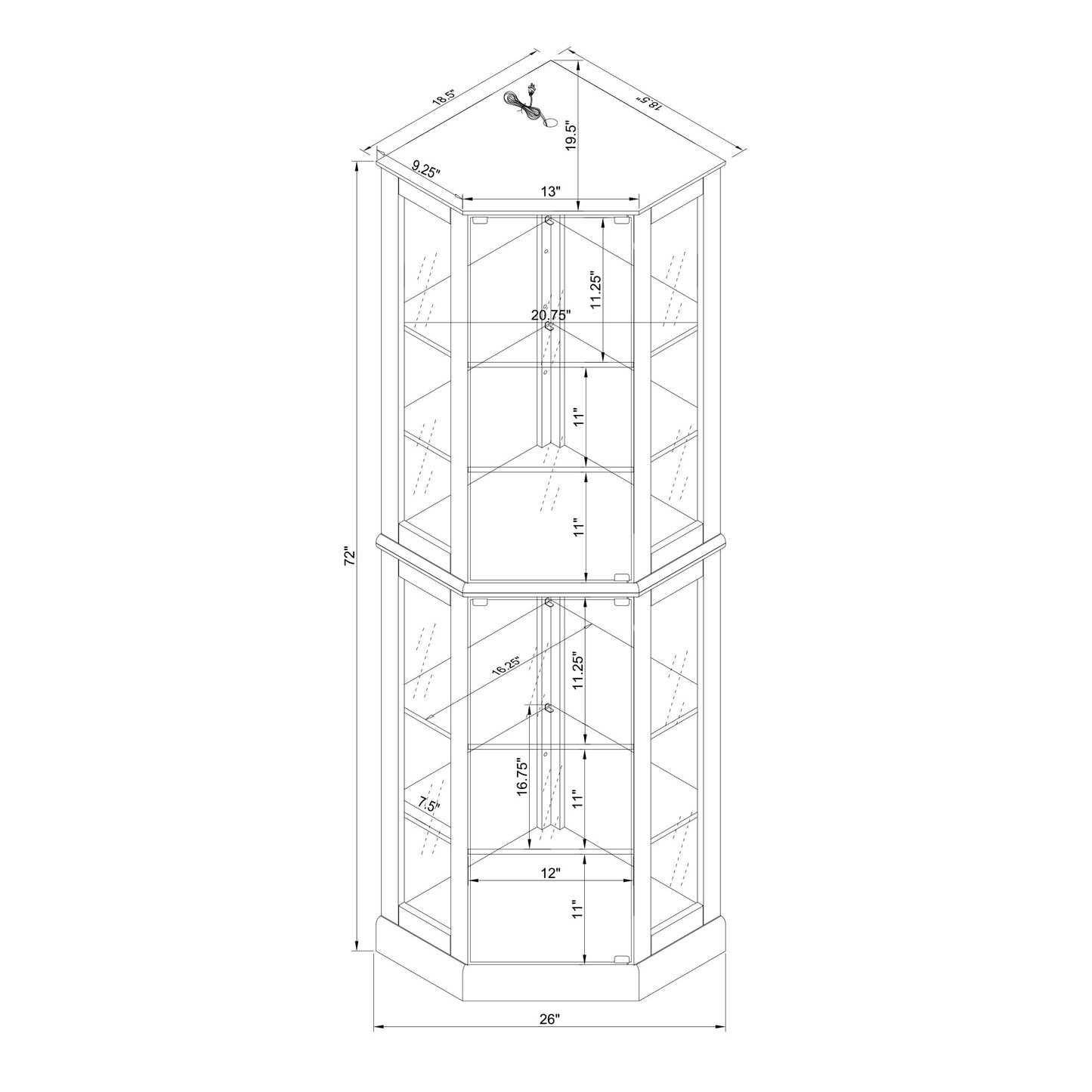 6 shelves corner Curio display cabinet with light mirror and adjustable shelves, walnut wood (excluding E26 light bulbs)