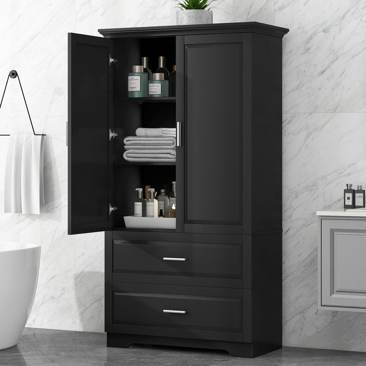 Mueble de baño alto con dos puertas y cajones, estante ajustable, tablero MDF, acabado negro