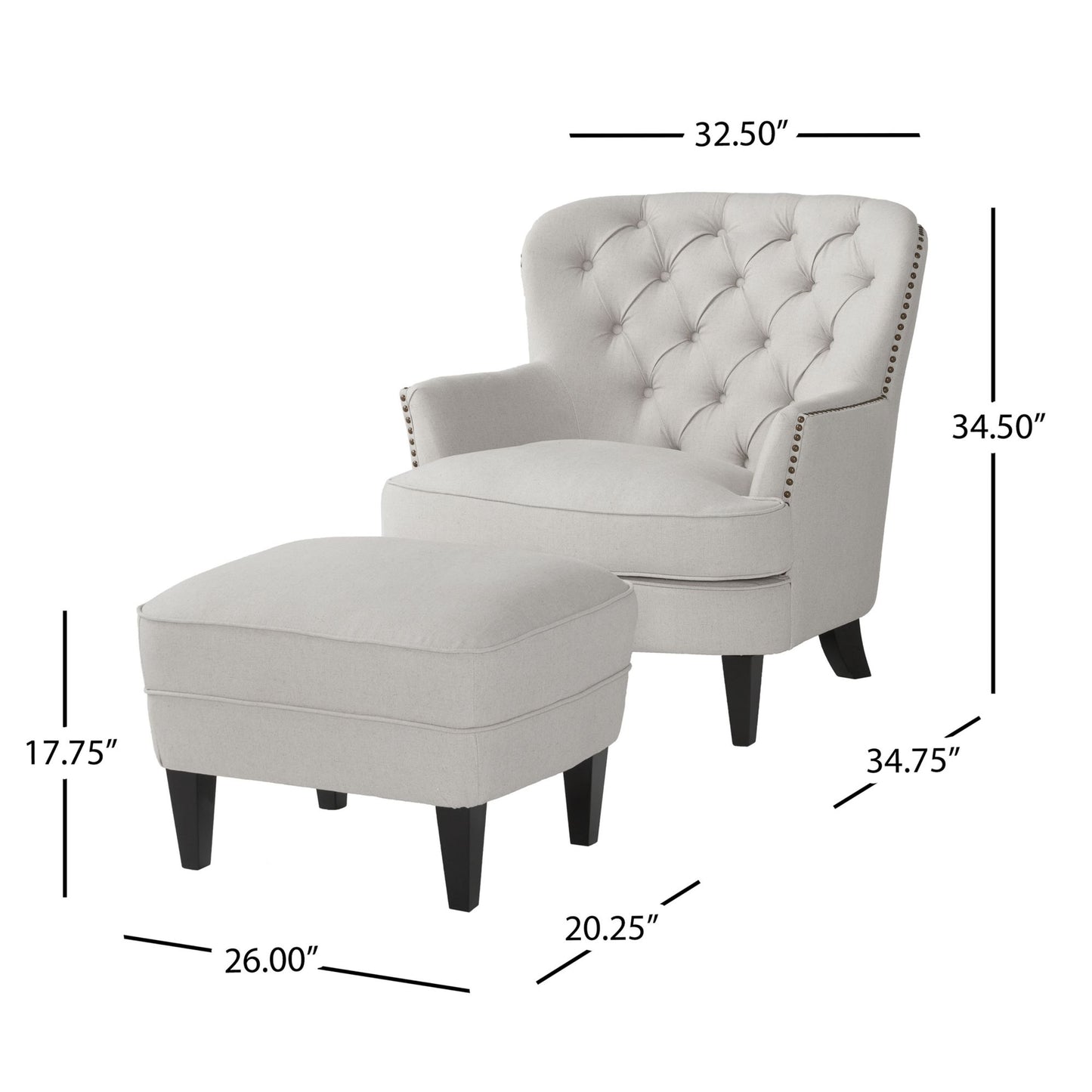 Sillón club moderno de tela gris claro y conjunto de otomana, elegante sillón acolchado para salas de estar