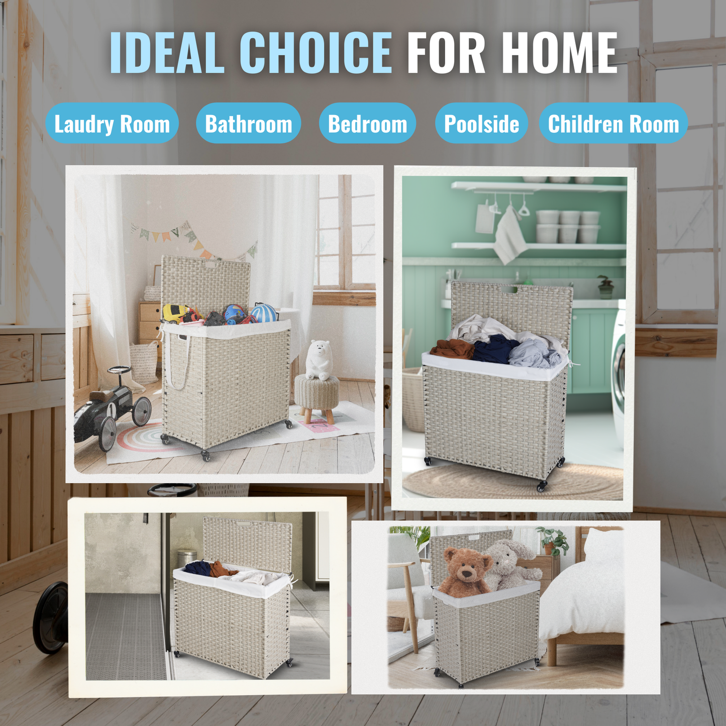 Laundry Hamper With Lid PE Rattan Powder Coating Frame Clothes Hampers with 02 Removable Bags, Wheels, 160L, Grey Color