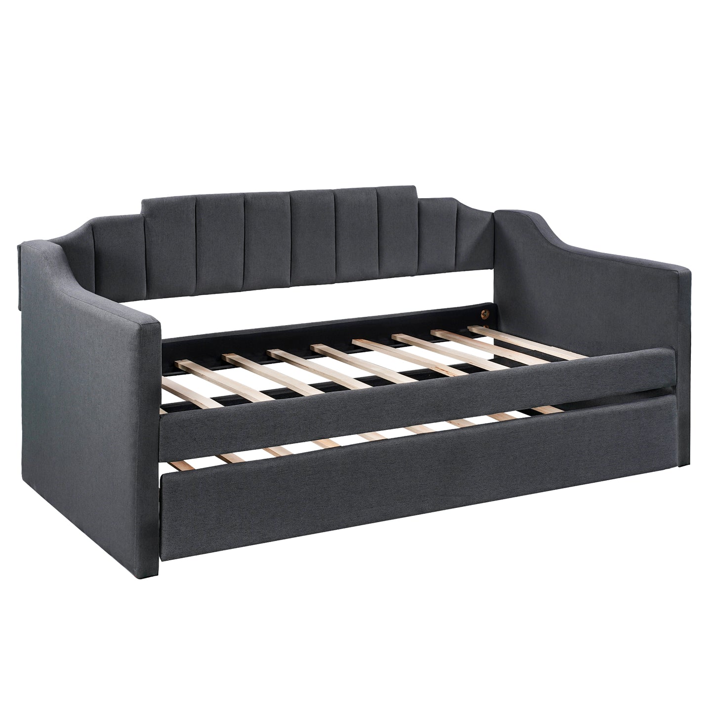 Upholstered Twin Daybed with Trundle, Black Finish for Bedrooms and Guest Rooms