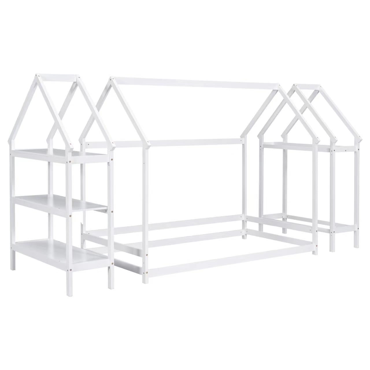 Twin House-Shaped Floor Bed with 2 Detachable Stands White