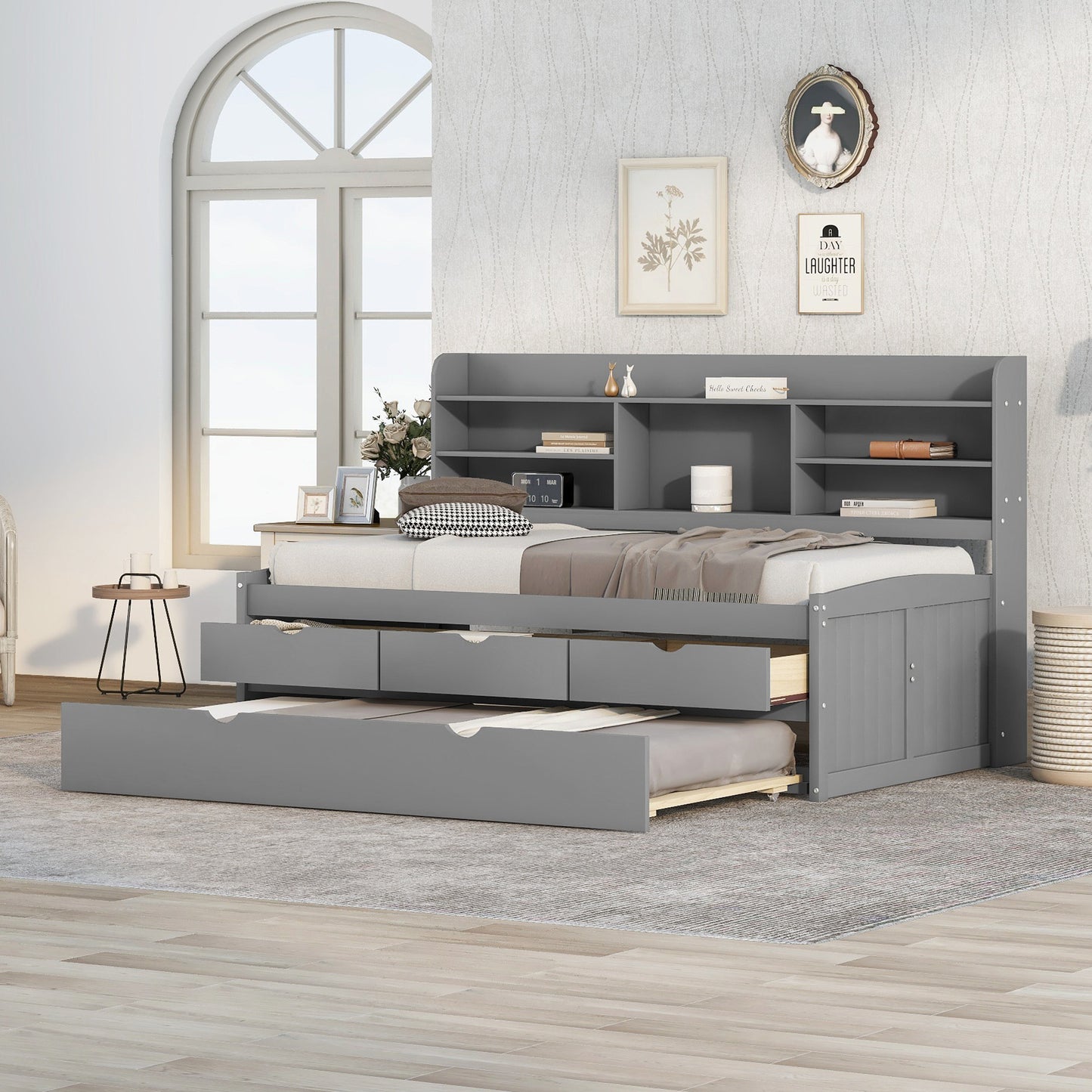 Twin Size Wooden Captain Bed with Built-in Bookshelves,Three Storage Drawers and Trundle Light Grey