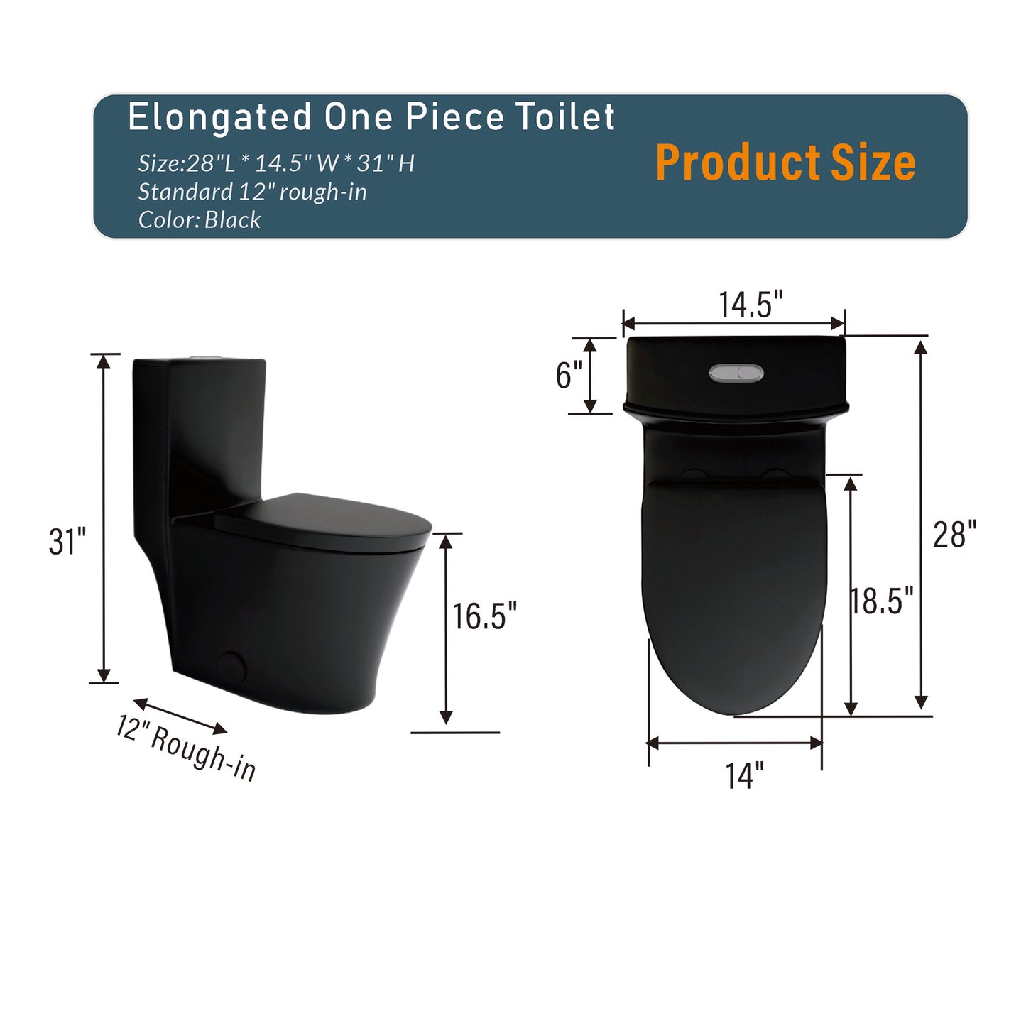 Matte Black Elongated One Piece Toilet Dual Flush 1.1/1.6 GPF Water Saving Map 1000g,Matte Black