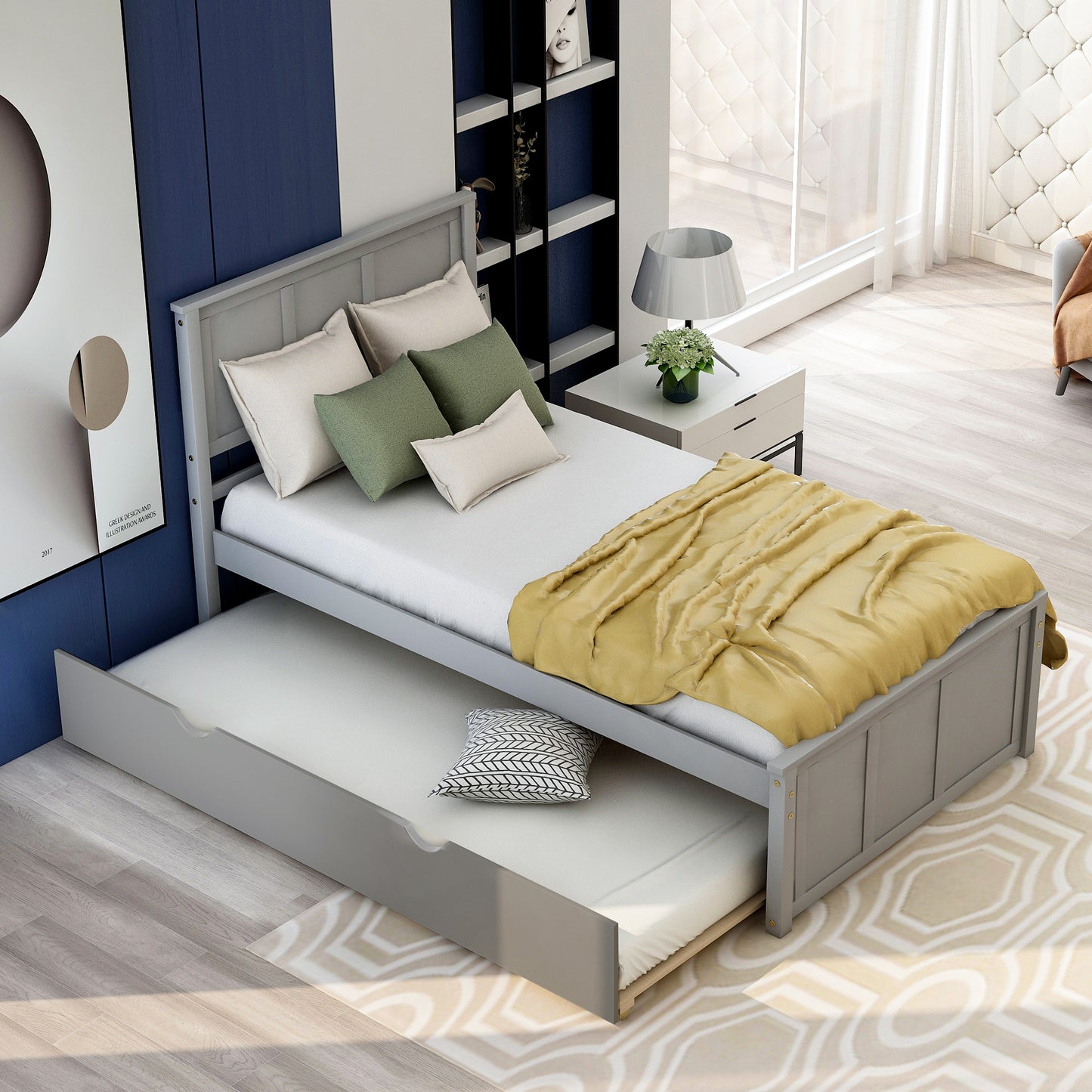 Platform Bed with Twin Size Trundle, Twin Size Frame in Gray Finish