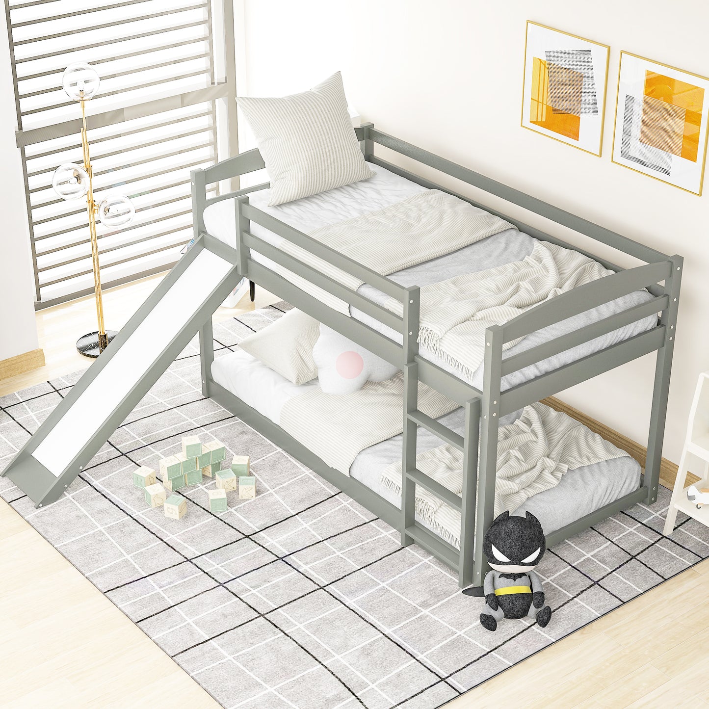 Twin over Twin Bunk Bed with Convertible Slide and Ladder Gray