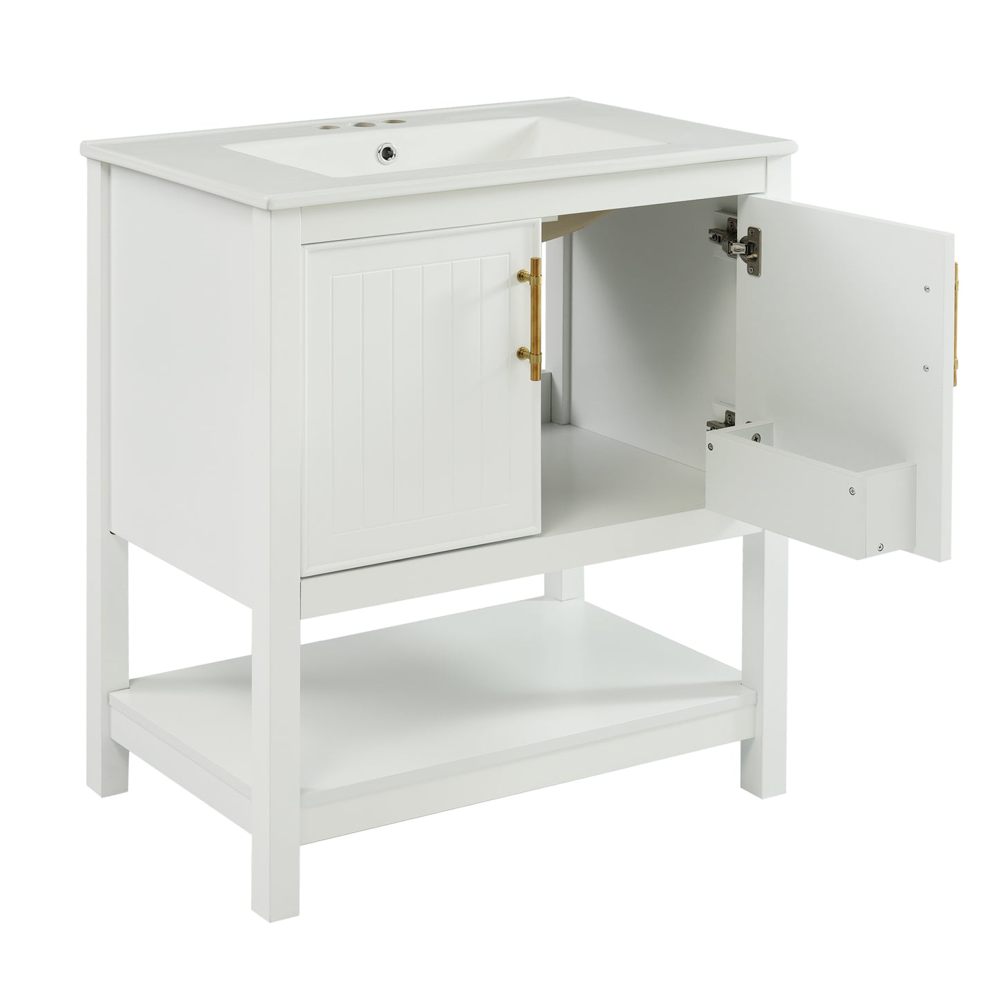 30-Inch White Bathroom Vanity with Ceramic Sink and Versatile Storage - Ideal for Small Bathrooms