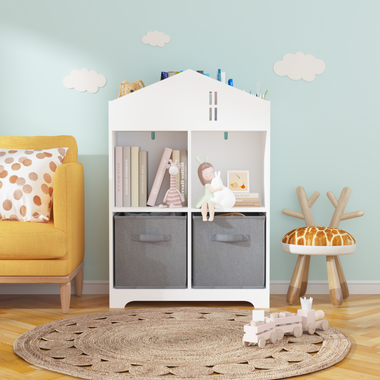 Kids Dollhouse Bookcase with Storage 2-Tier Storage Display Organizer (White/Gray)