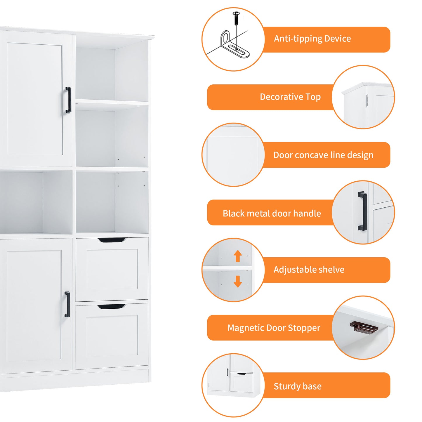 Bathroom storage cabinet with doors and drawers, multiple storage spaces, independent, open adjustable shelves, white