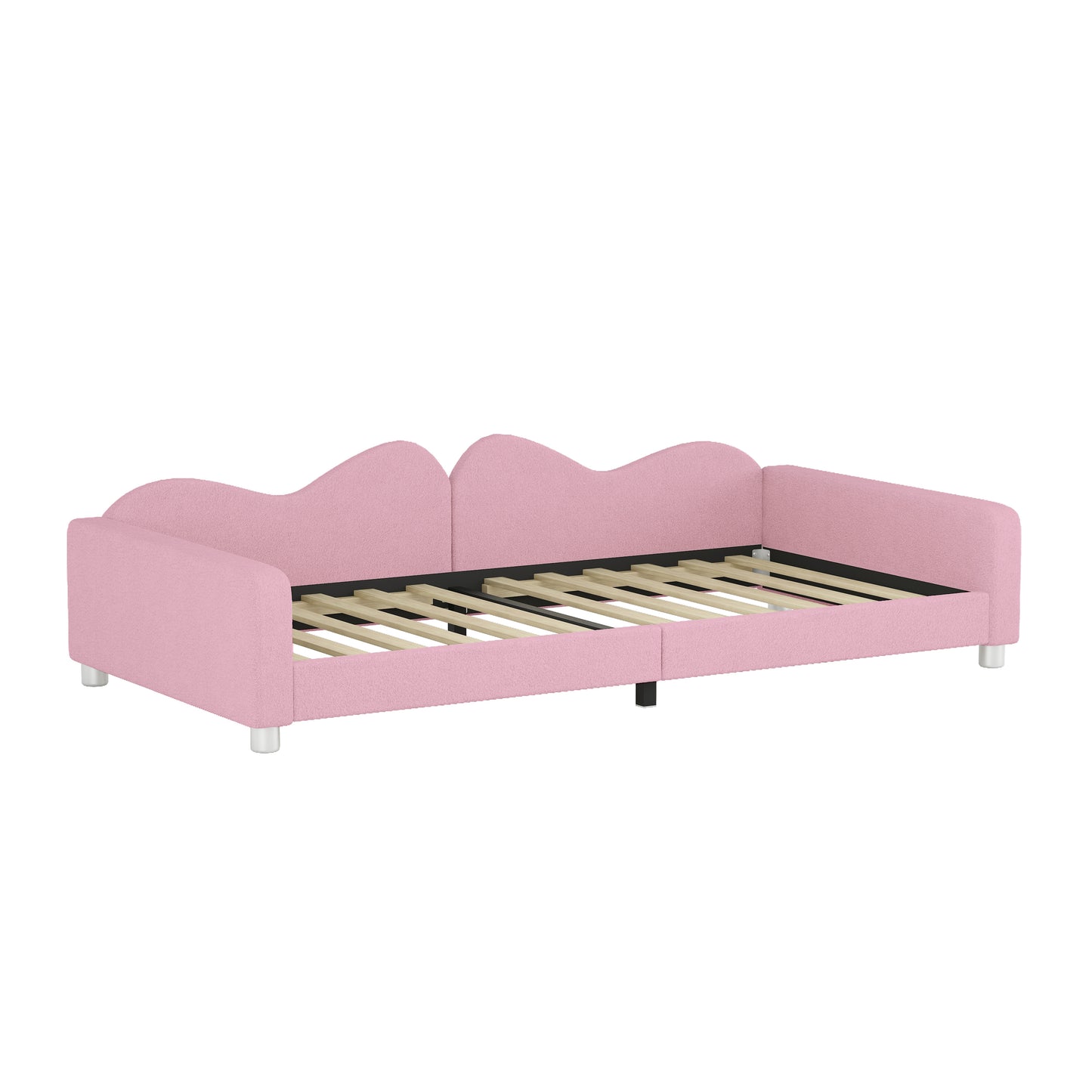 Twin size Upholstered Daybed, Sherpa Fabric Sofabed with Cloud-Shaped Backrest, No Box-spring Needed, Pink