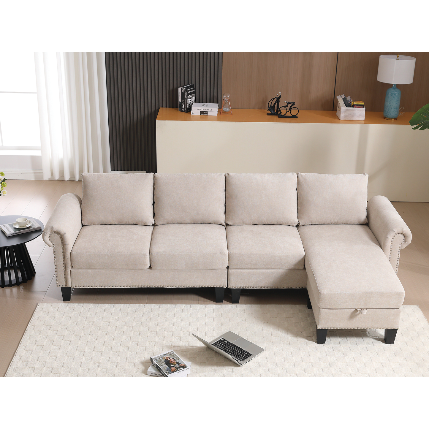 Convertible Sectional Sofa with Storage, L-Shaped Four-Seater Design in Modern Linen Fabric, Beige