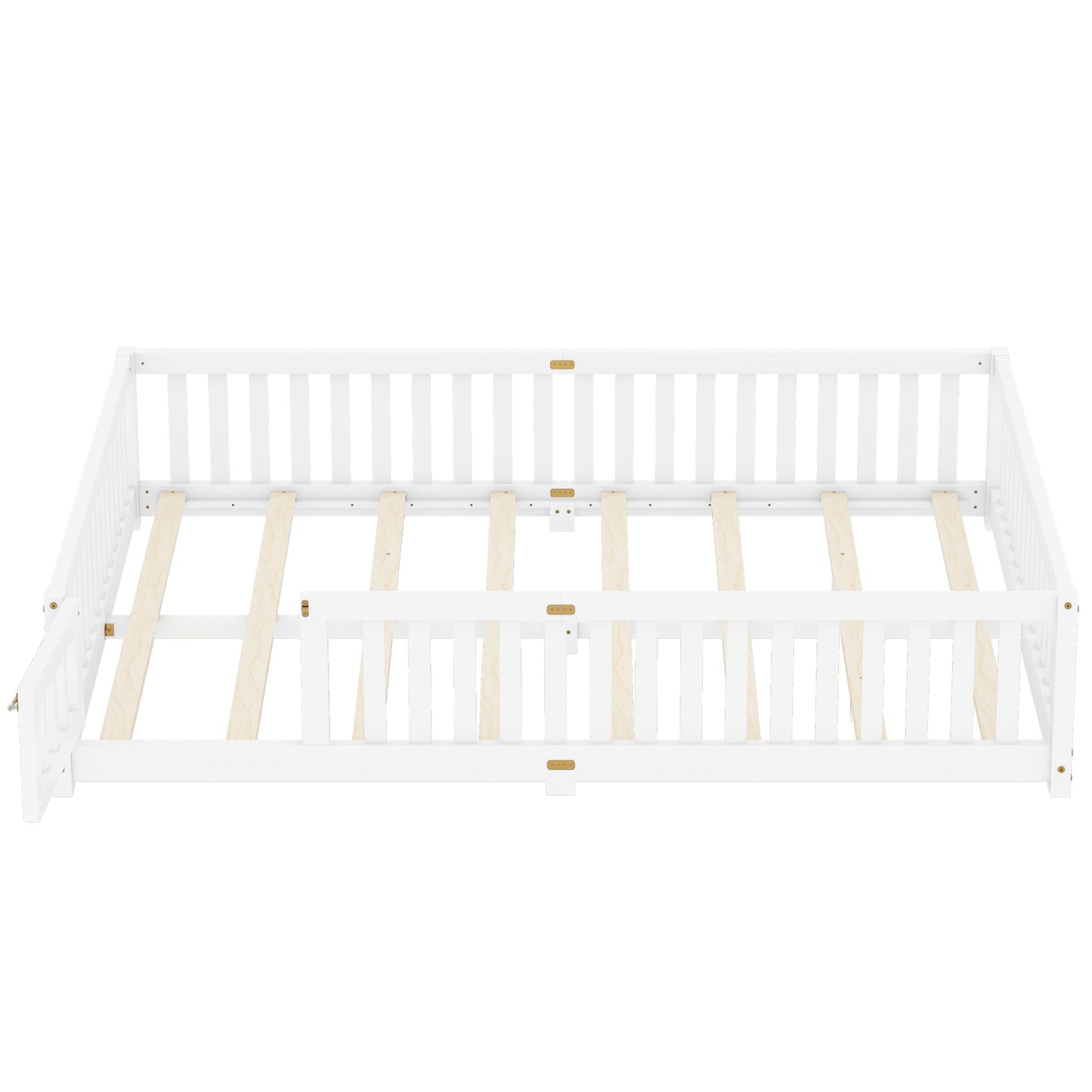 Queen Size Bed Floor Bed with Safety Guardrails and Door for Kids, White