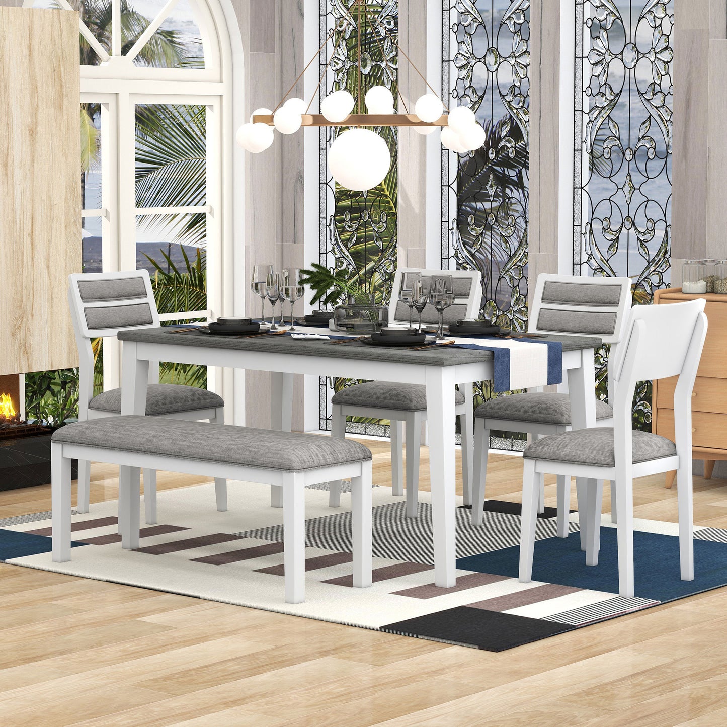 TREXM Classic and Traditional Style 6 - Piece Dining Set, Includes Dining Table  4 Upholstered Chairs & Bench (White+Gray)