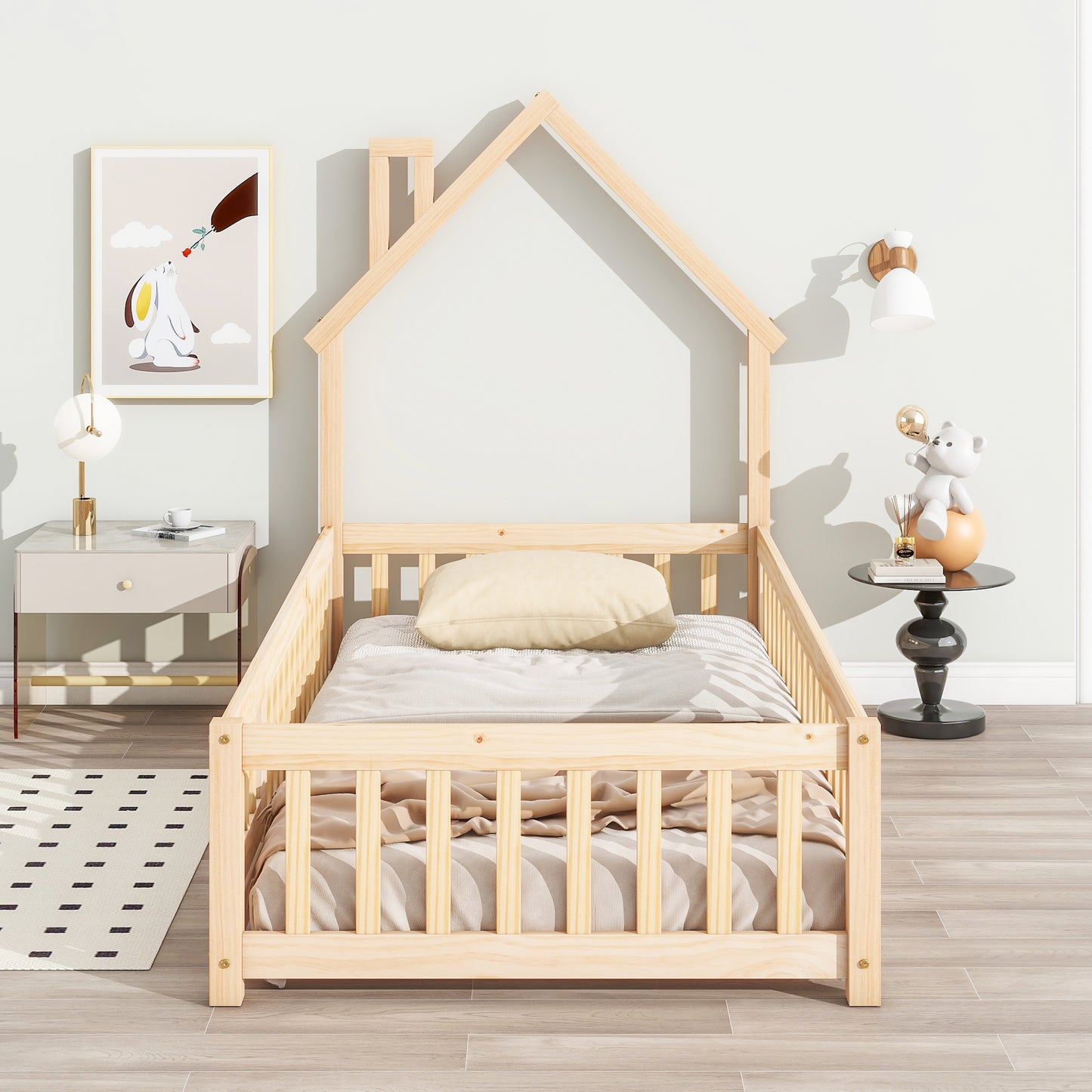 Twin House-Shaped Headboard Floor Bed with Fence Natural