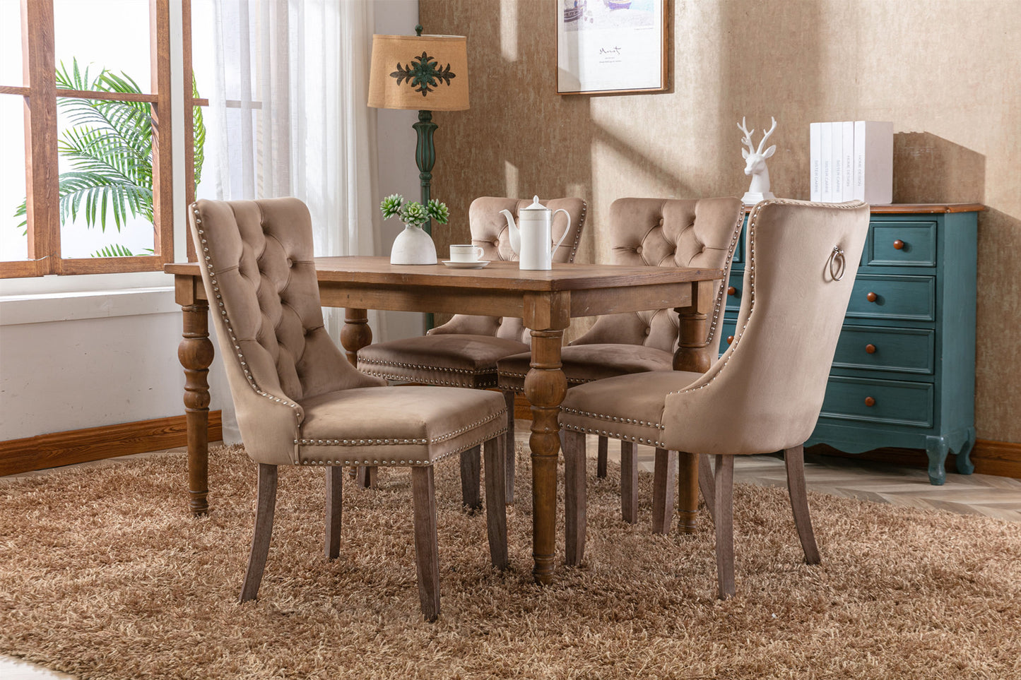 High-end Tufted Solid Wood Contemporary Velvet Upholstered Dining Chair with Wood Legs Nailhead Trim 2-Pcs Set Khaki