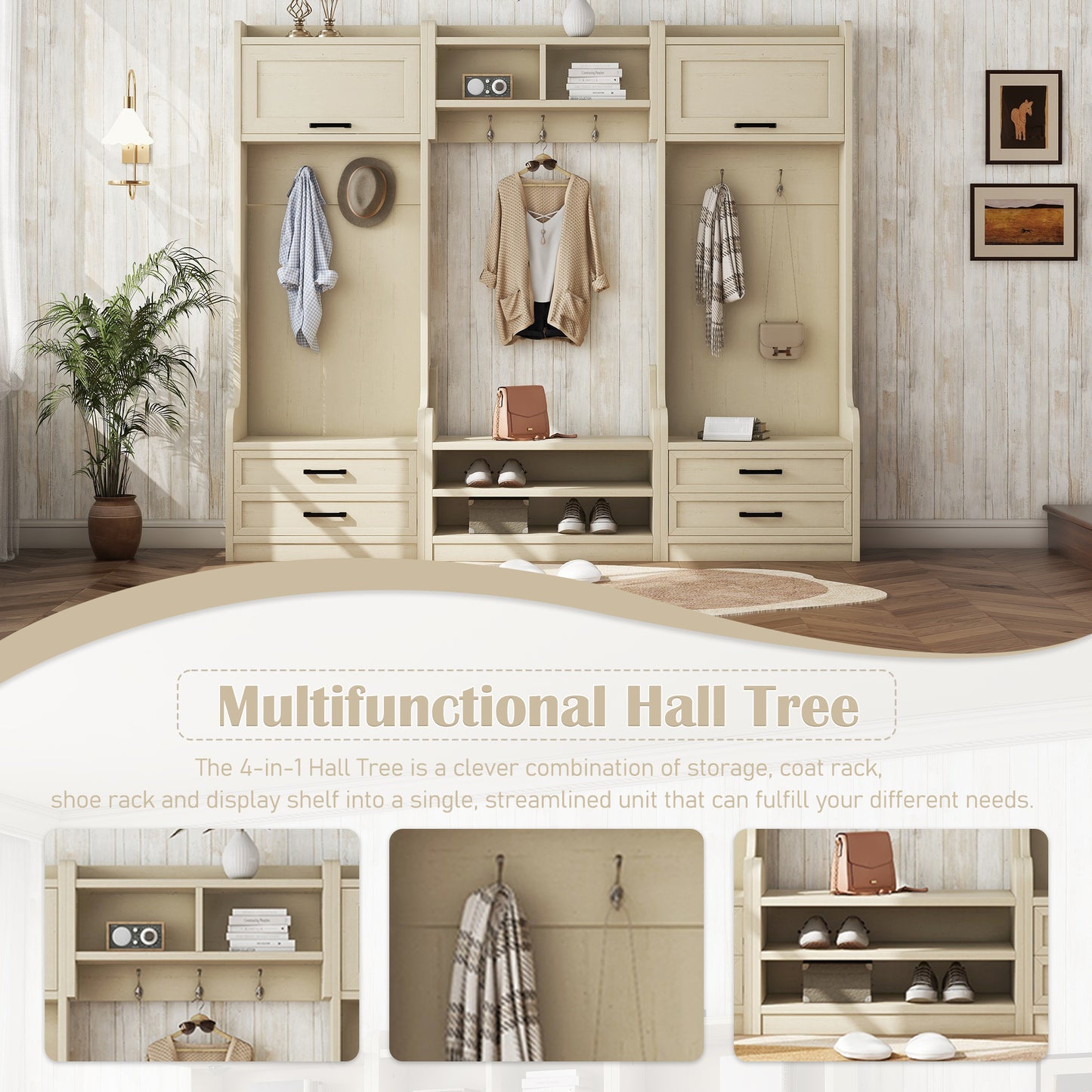 Four in one detachable hall tree with drawers and cabinets, 7 hooks, multifunctional corridor hangers, antique beige shoe stools