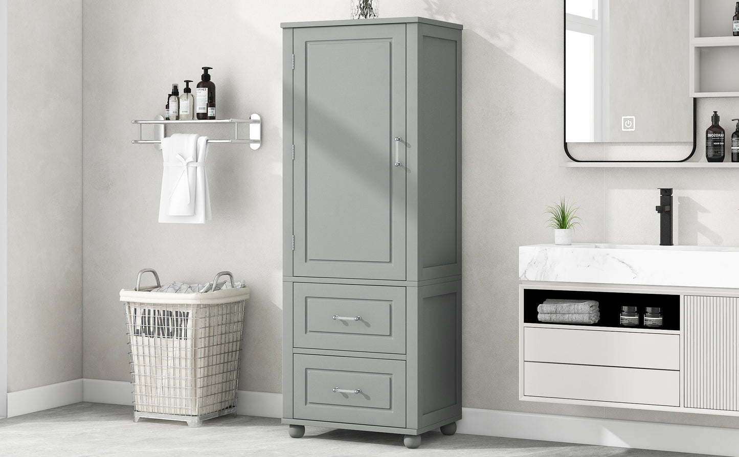 Tall Bathroom Storage Cabinet, Freestanding Storage Cabinet with Two Drawers and Adjustable Shelf, MDF Board , Grey