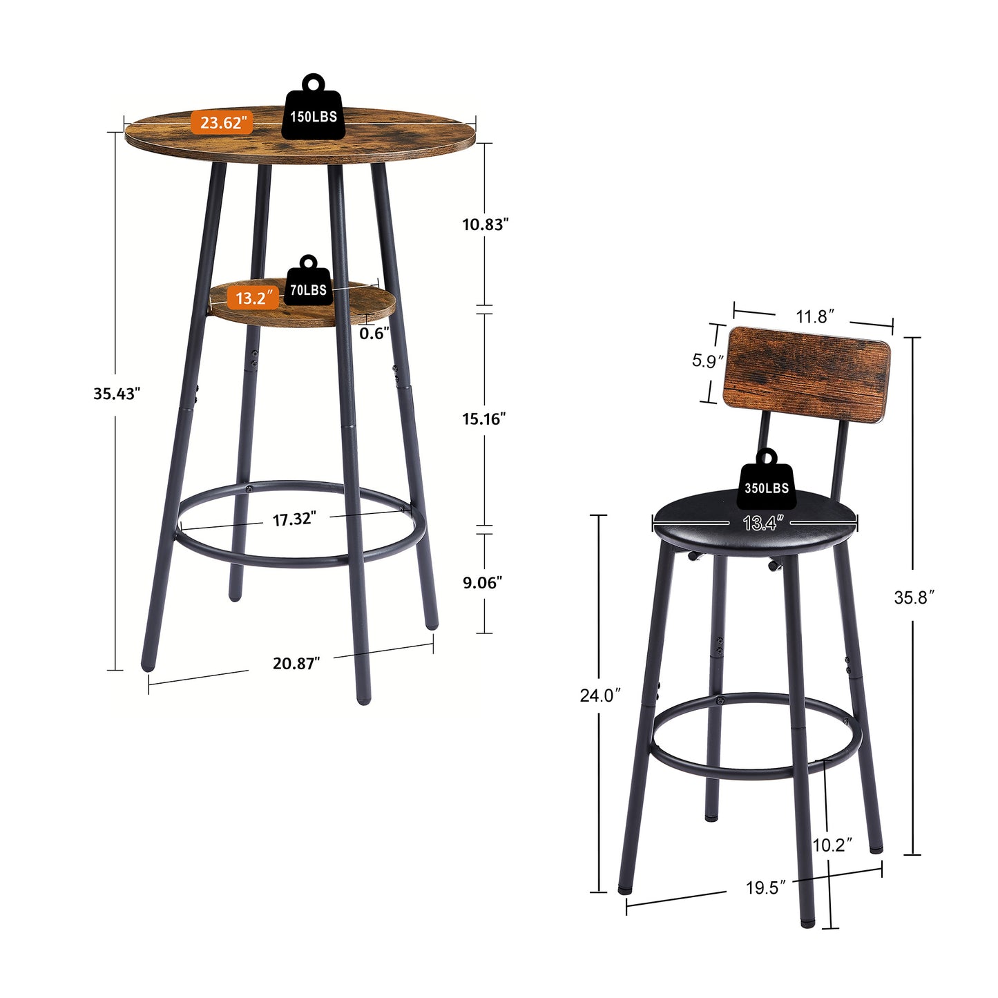 Round bar stool set with shelf upholstered stool with backrest Rustic Brown 23.62'' W x 23.62'' D x 35.43'' H