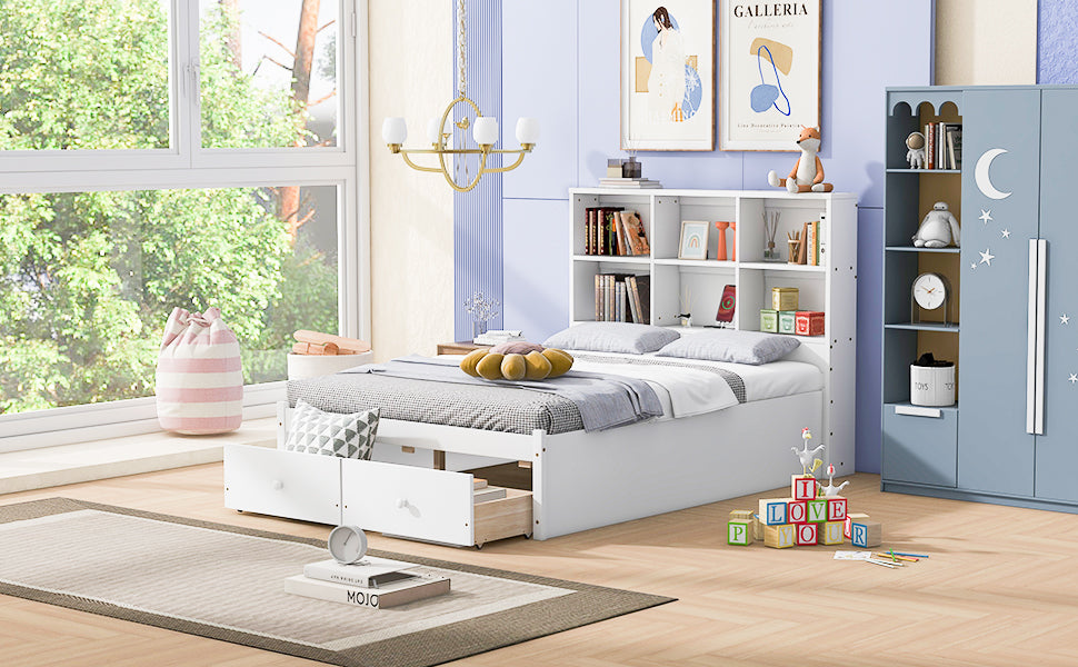 Full Size Platform Bed with Storage Headboard, Charging Station and 2 Drawers White