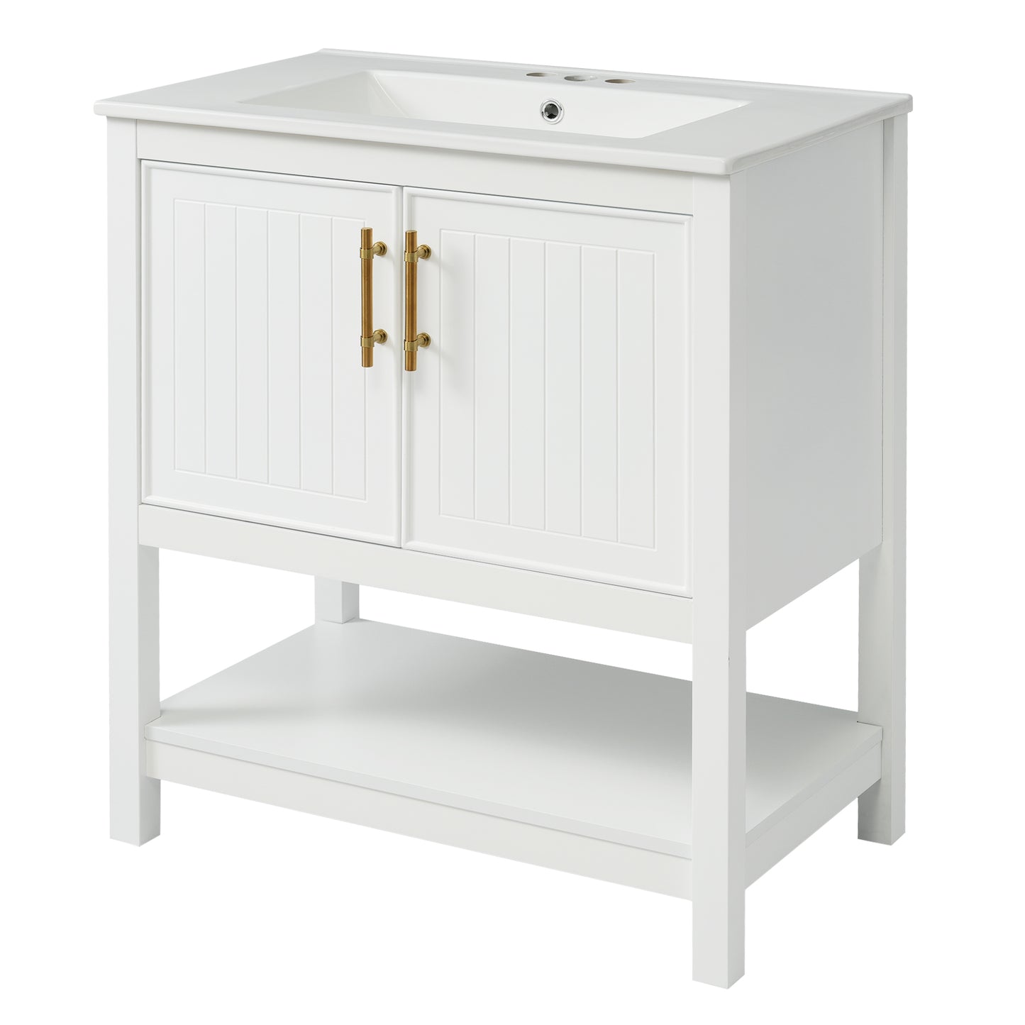 30-Inch White Bathroom Vanity with Ceramic Sink and Versatile Storage - Ideal for Small Bathrooms