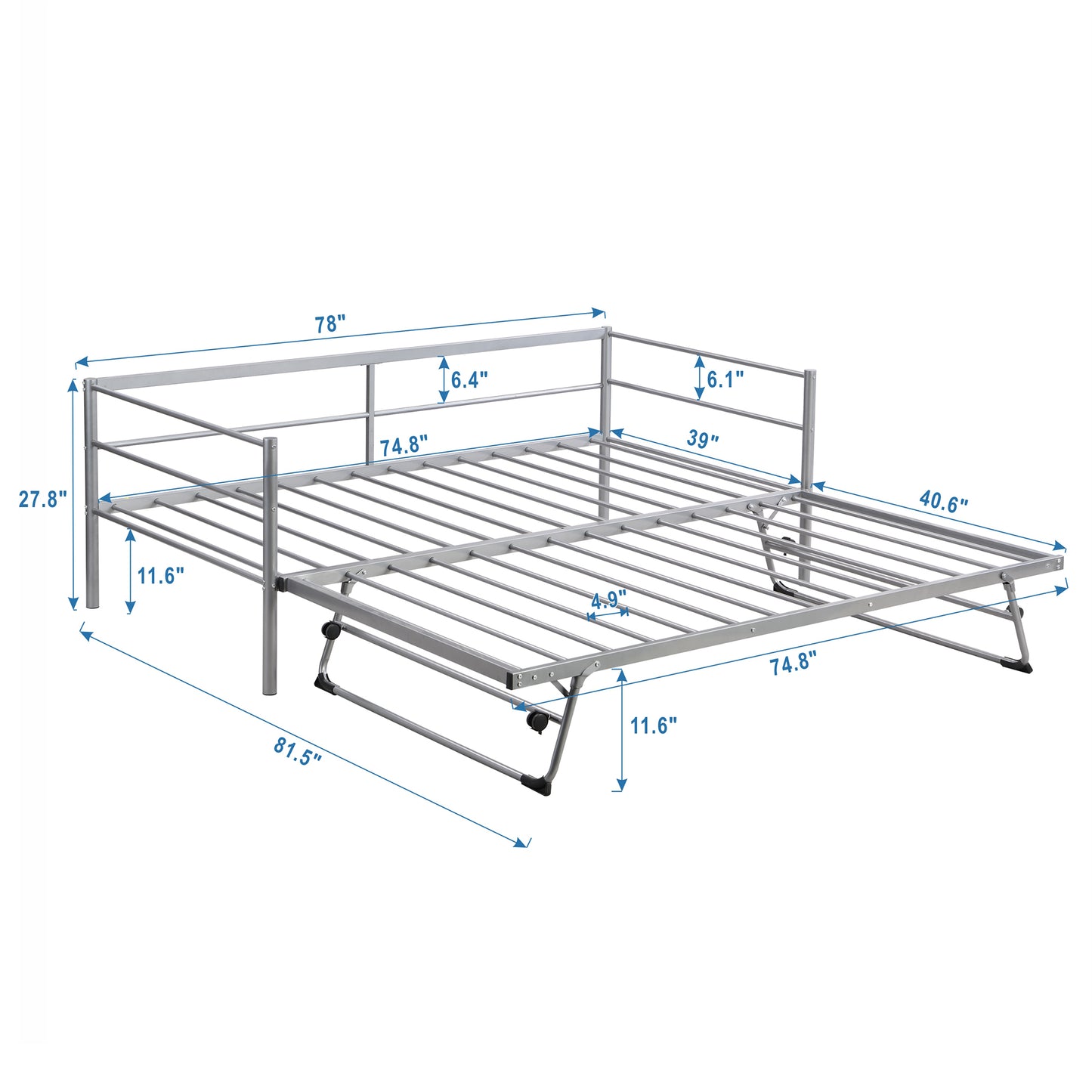 Twin Size Metal Daybed with Adjustable Trundle  Pop Up Trundle  Silver