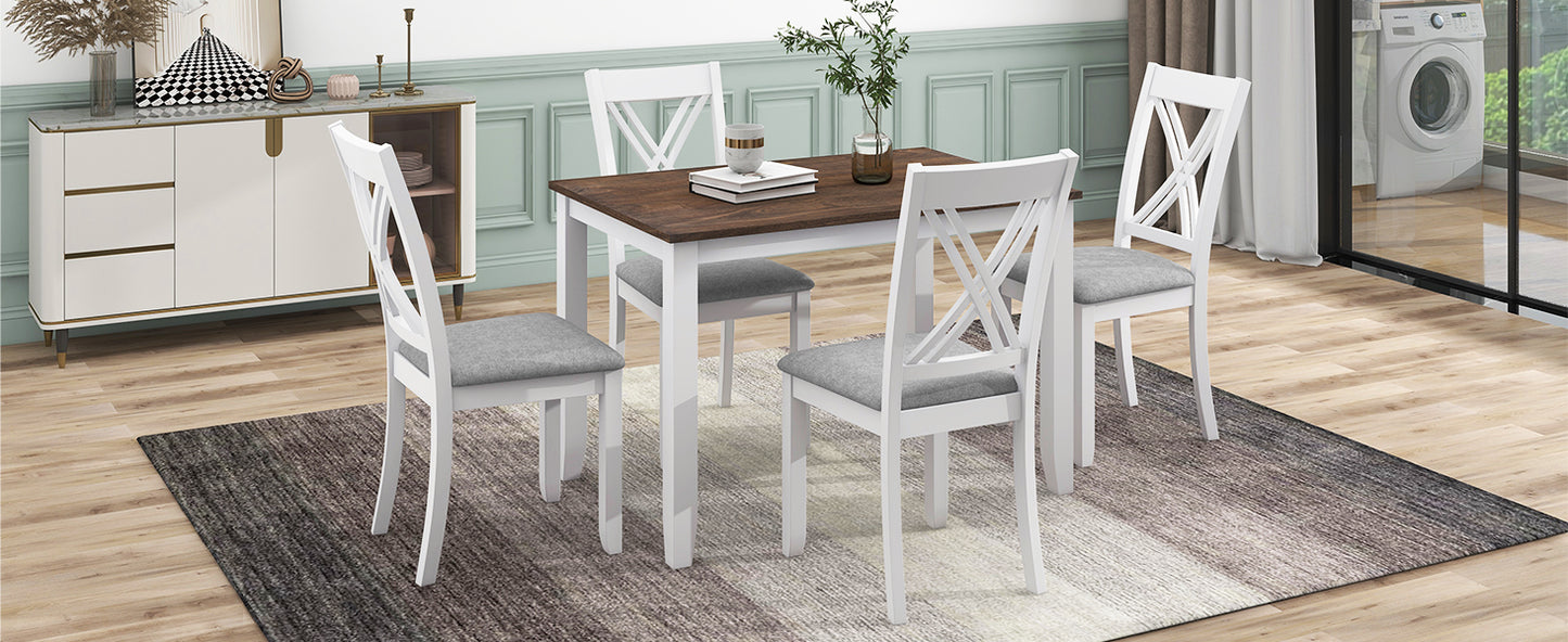 Juego de mesa de comedor de madera rústica minimalista de 5 piezas TOPMAX con 4 sillas con respaldo en X, acabado blanco