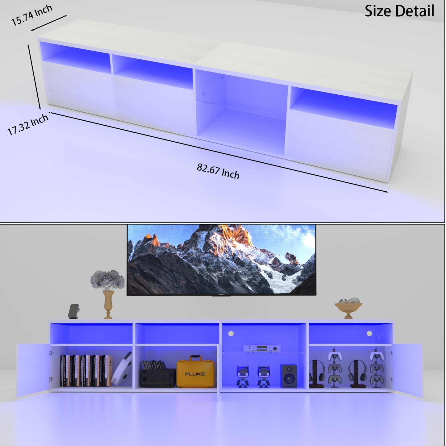 TV Console with Storage Cabinet, 82.6-Inch LED TV Stand with 31 Mode Switching Lights, White