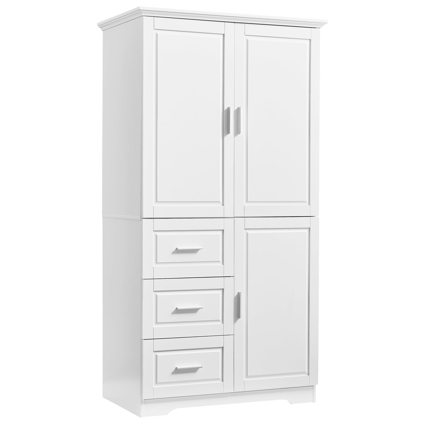 Tall and Wide Storage Cabinet with Doors, Three Drawers for Bathrooms and Offices, White Finish