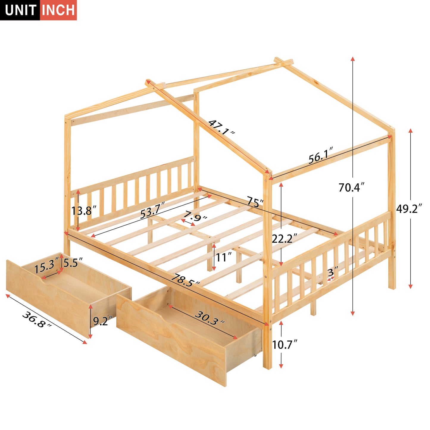 Full Size House Platform Bed with Two Drawers, Headboard, and Footboard Roof Design, Natural Finish