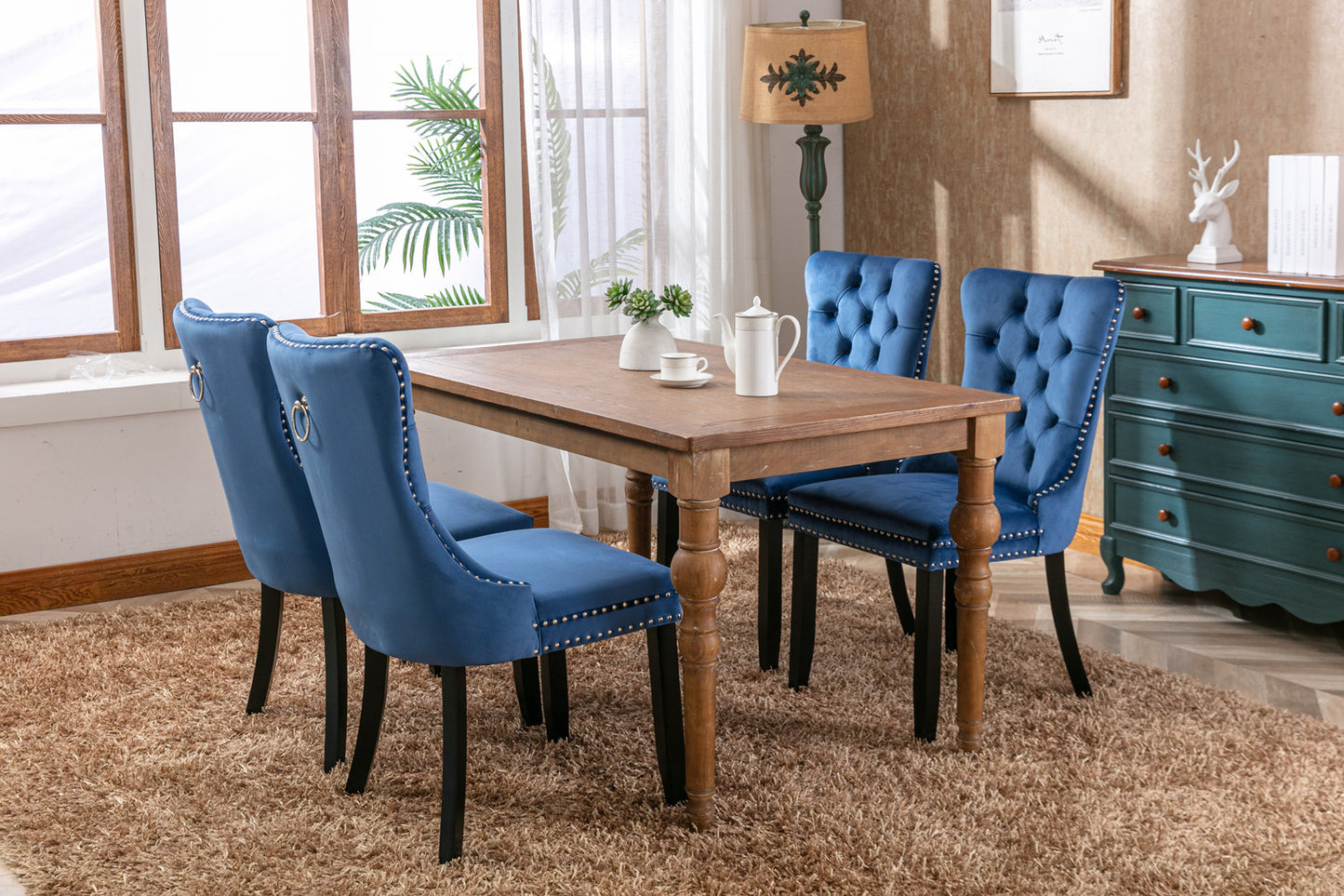 High-end Tufted Solid Wood Contemporary Velvet Upholstered Dining Chair with Wood Legs Nailhead Trim 2-Pcs Set Blue