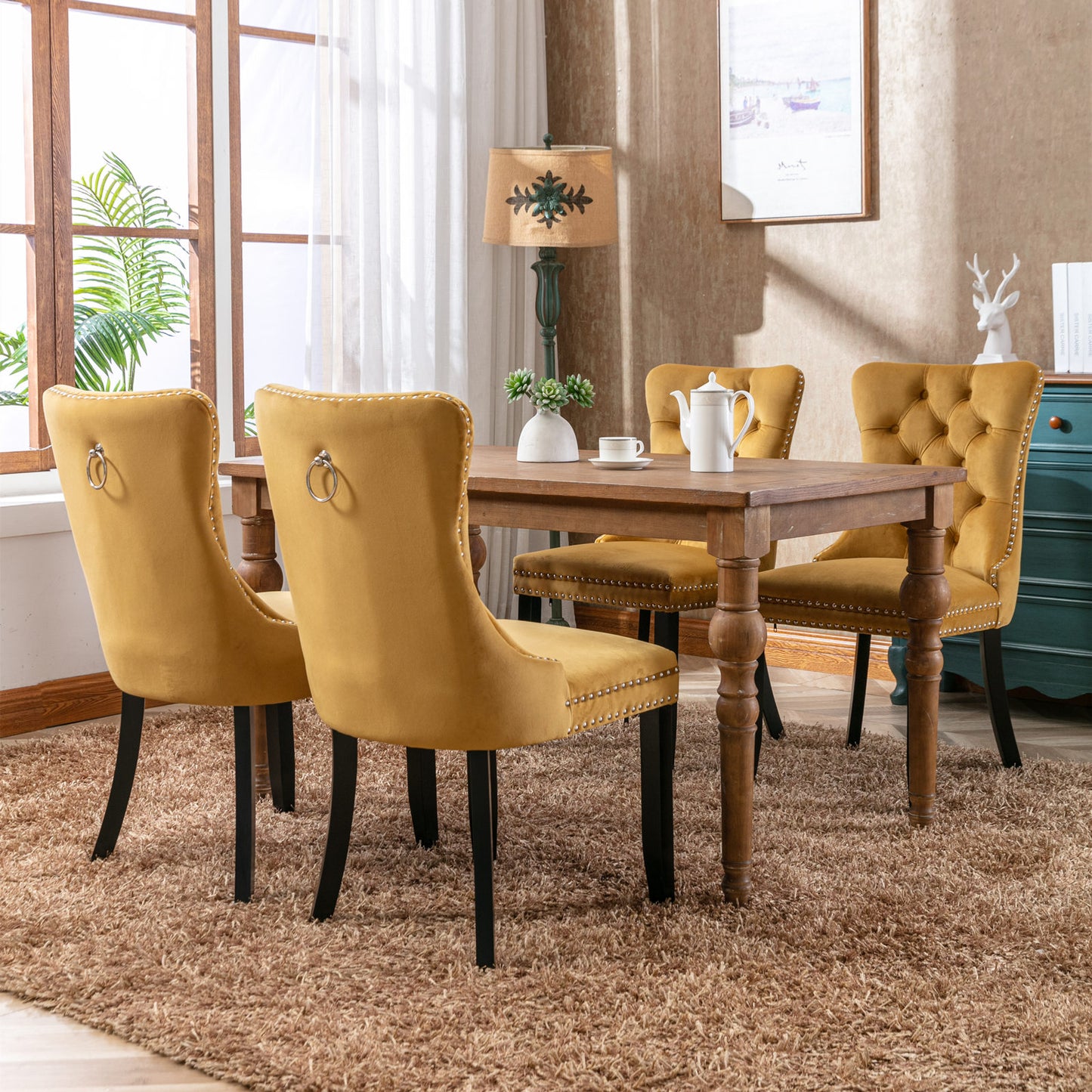 High-end Tufted Solid Wood Contemporary Velvet Upholstered Dining Chair with Wood Legs Nailhead Trim 2-Pcs Set Gloden