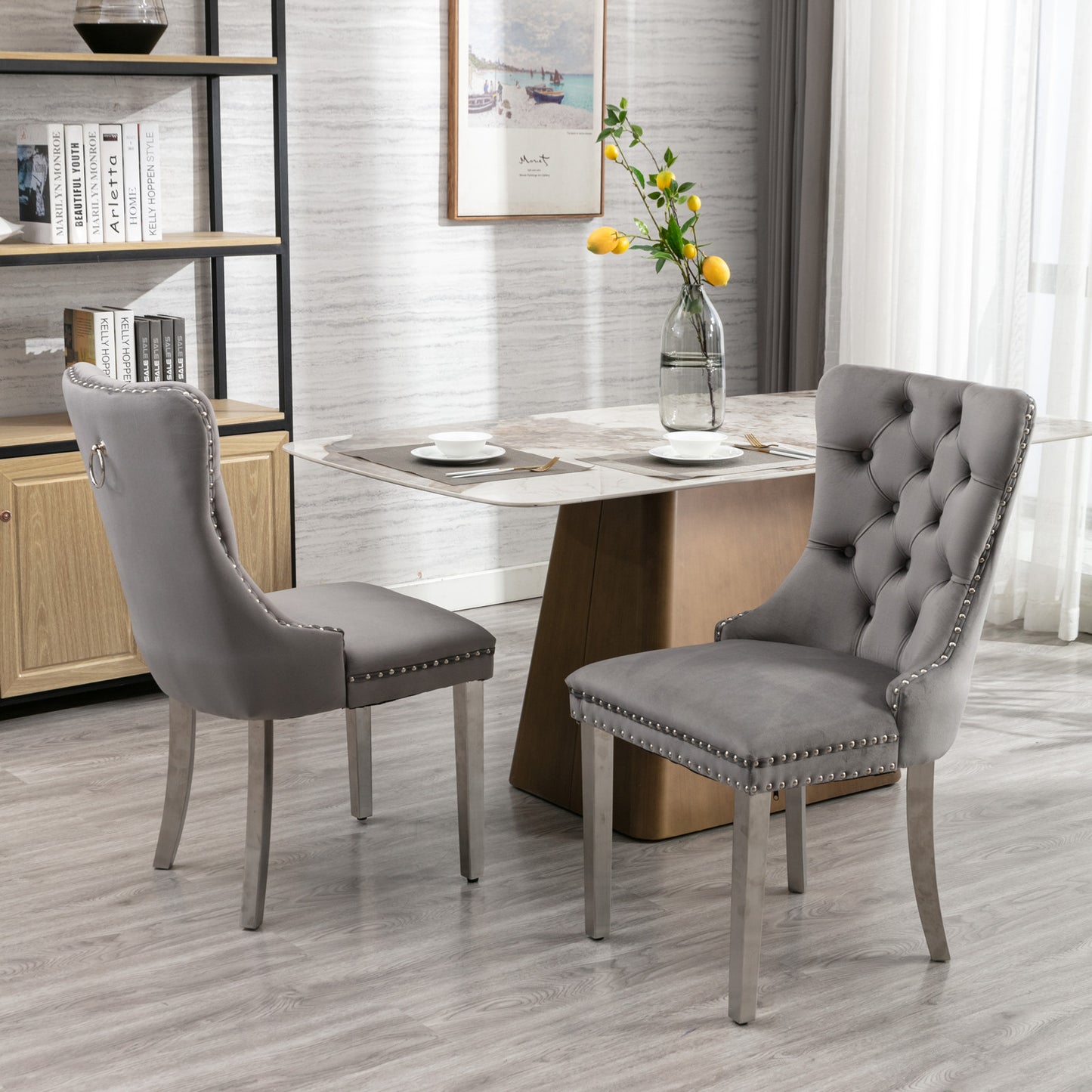 High end tufted solid wood velvet soft cushion dining chair chrome plated leg nail decoration gray and chrome two-piece set