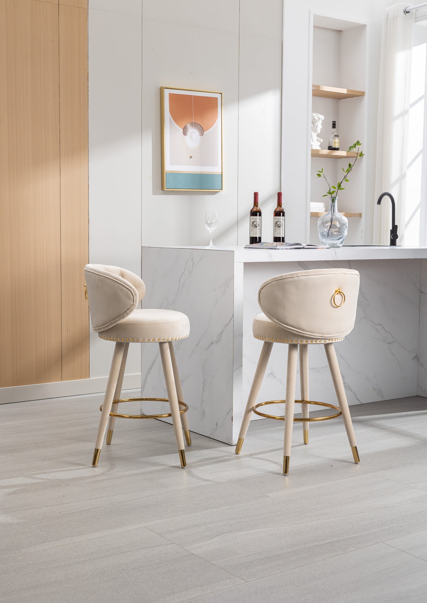 COOLMORE Counter Height Bar Stools, Set of 2 with Solid Wood Legs and 360-Degree Swivel, Beige Finish