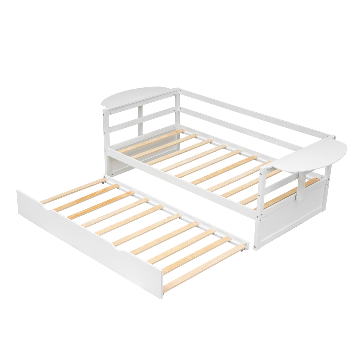 win Size Daybed with Trundle and Foldable Shelves on Both Sides White