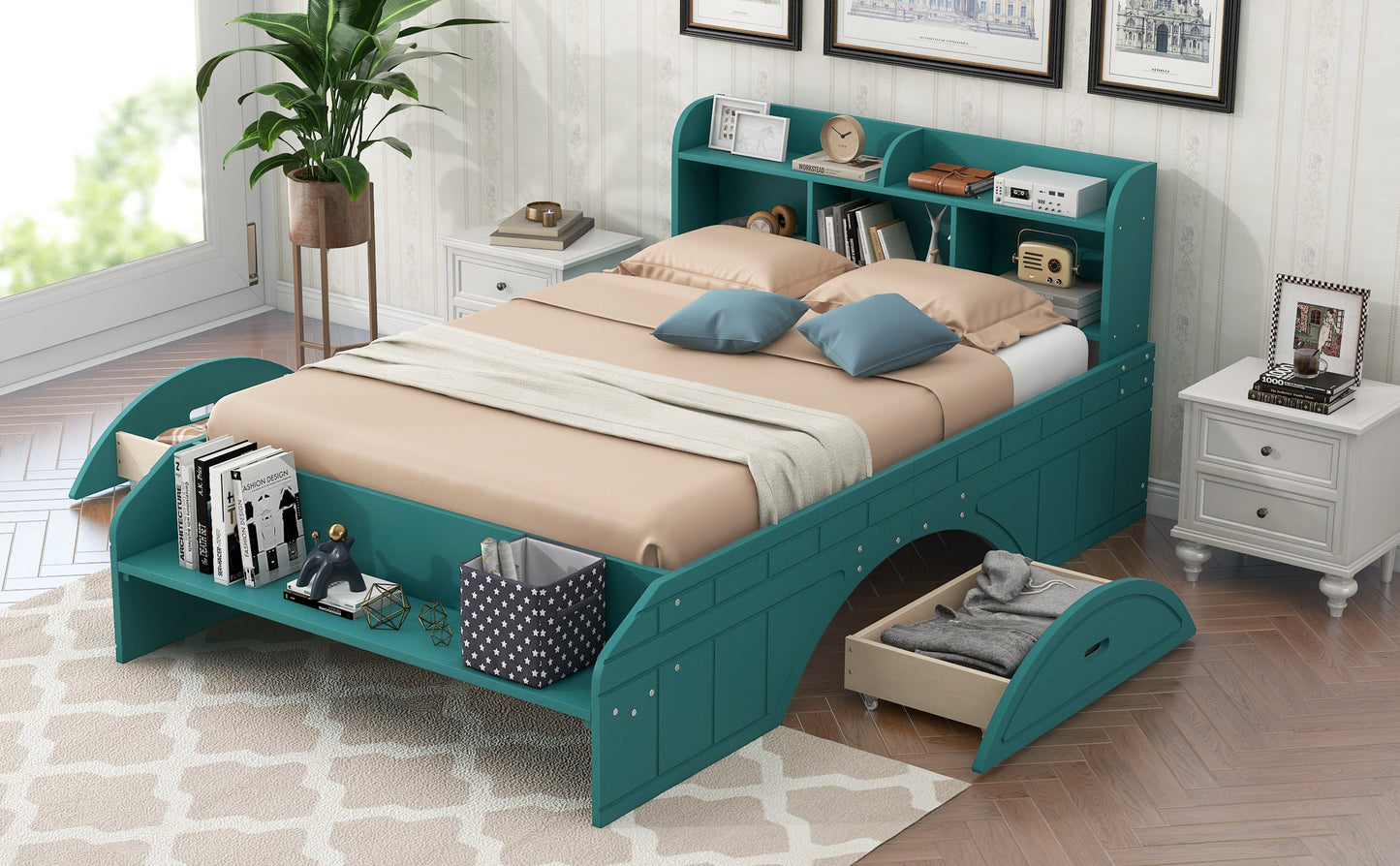 Wood Full Size Platform Bed with 2 Drawers, Storage Headboard and Footboard, Dark Green