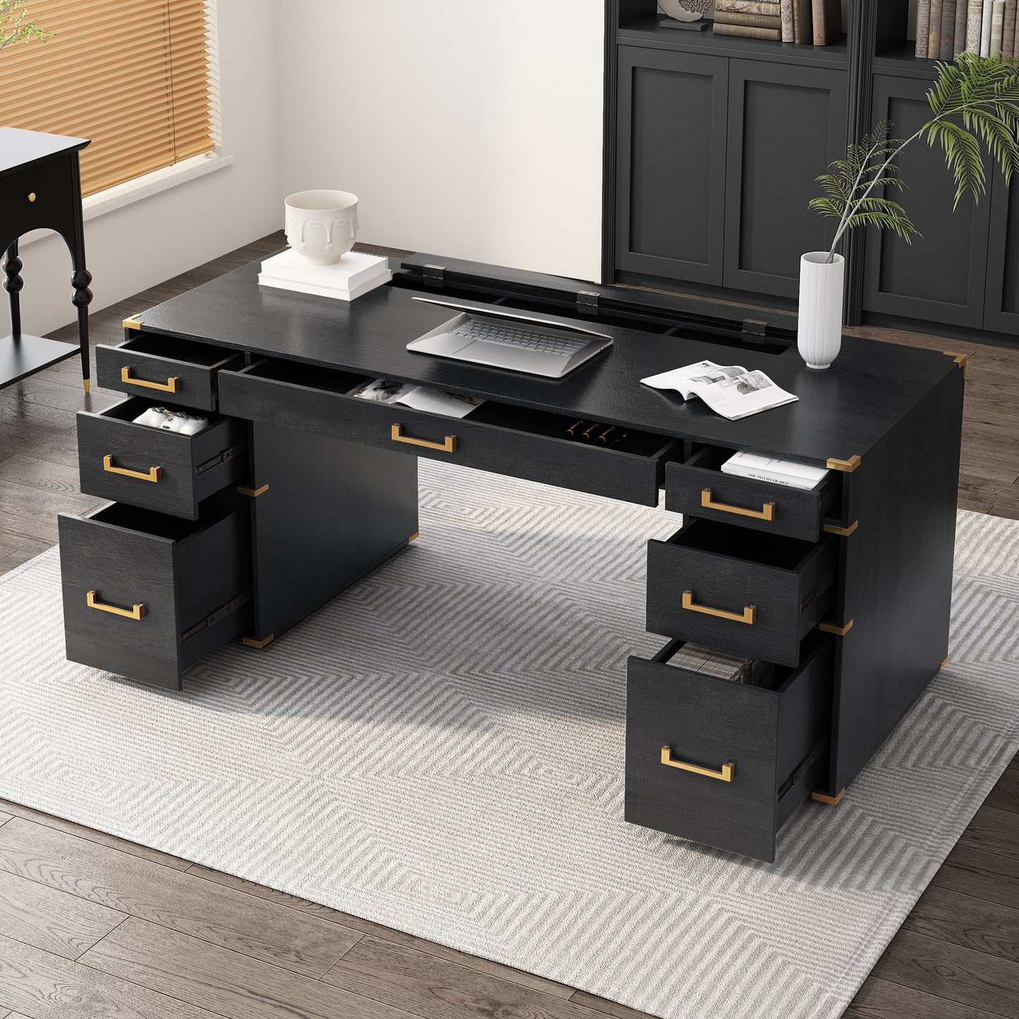 70-Inch Classic Executive Desk with Metal Trim, 2 File Drawers, USB Ports, and Sockets, Black Finish