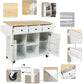 Kitchen trolley with rubber wood leaf countertop, 5-wheel kitchen island, storage cabinet and 3 dining drawers, white