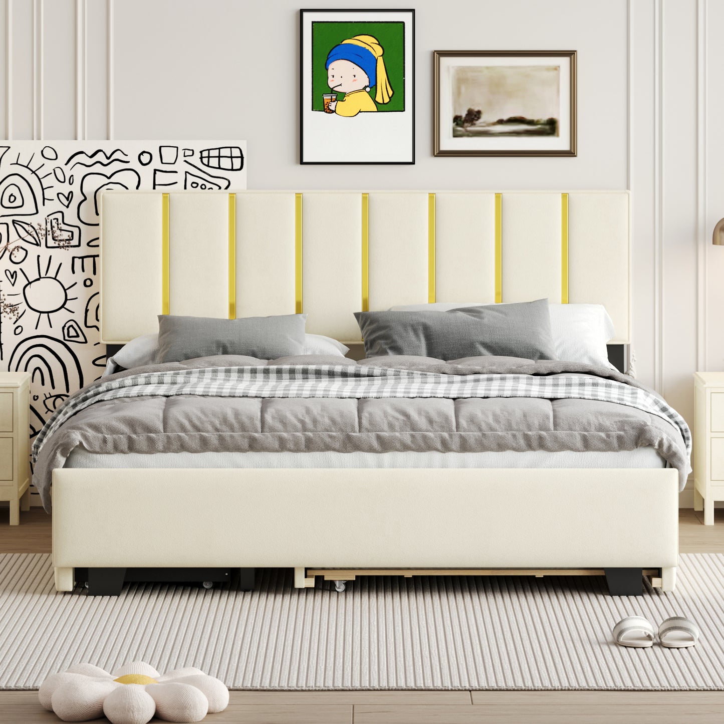 Queen Size Upholstered Platform Bed with 2 Drawers and 1 Trundle, Classic Metal Strip Headboard Design, Beige