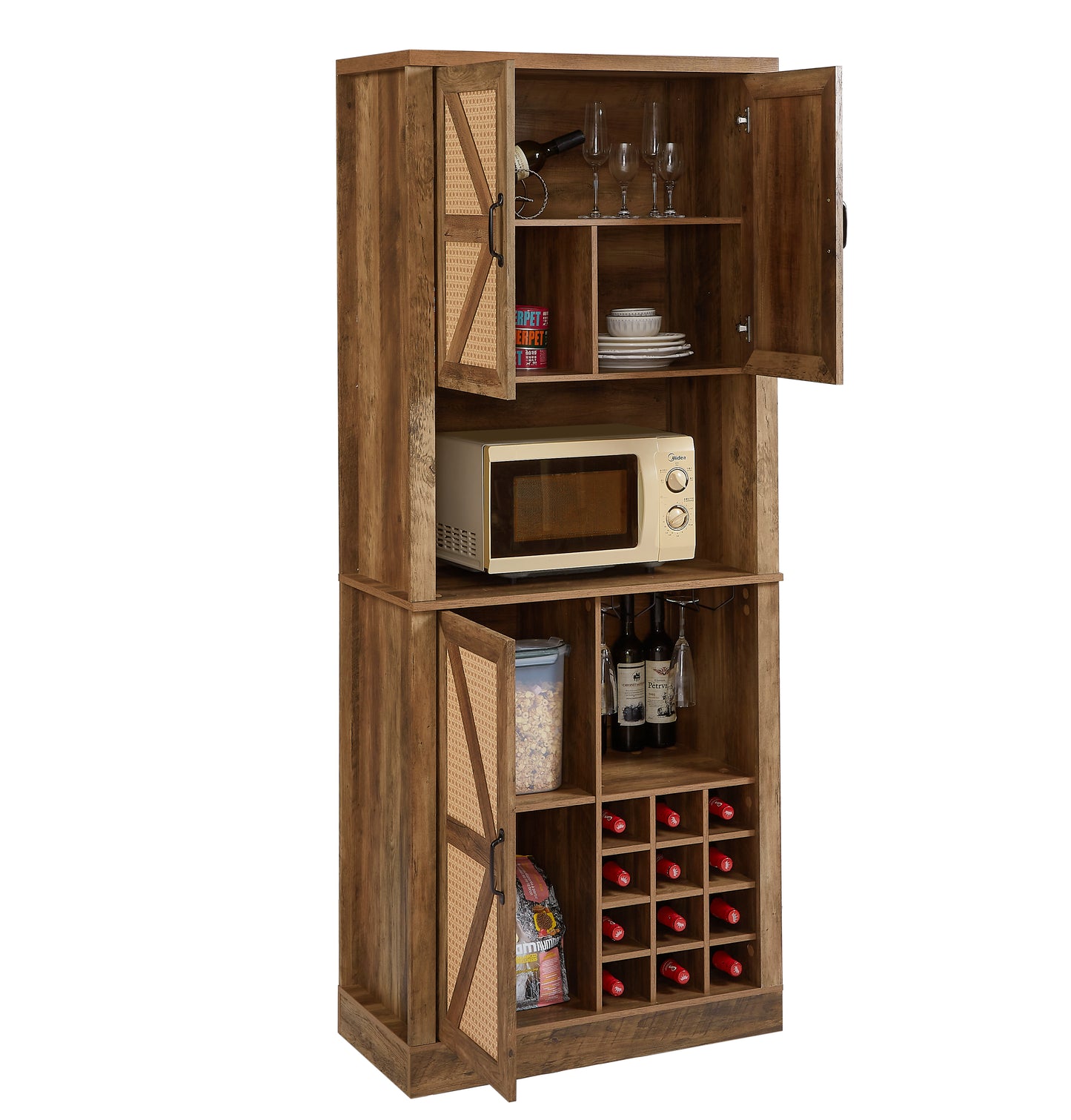 76-Inch Tall Rustic Oak Farmhouse Kitchen Faux Rattan Wine Cabinet with Square Compartments and Shelves