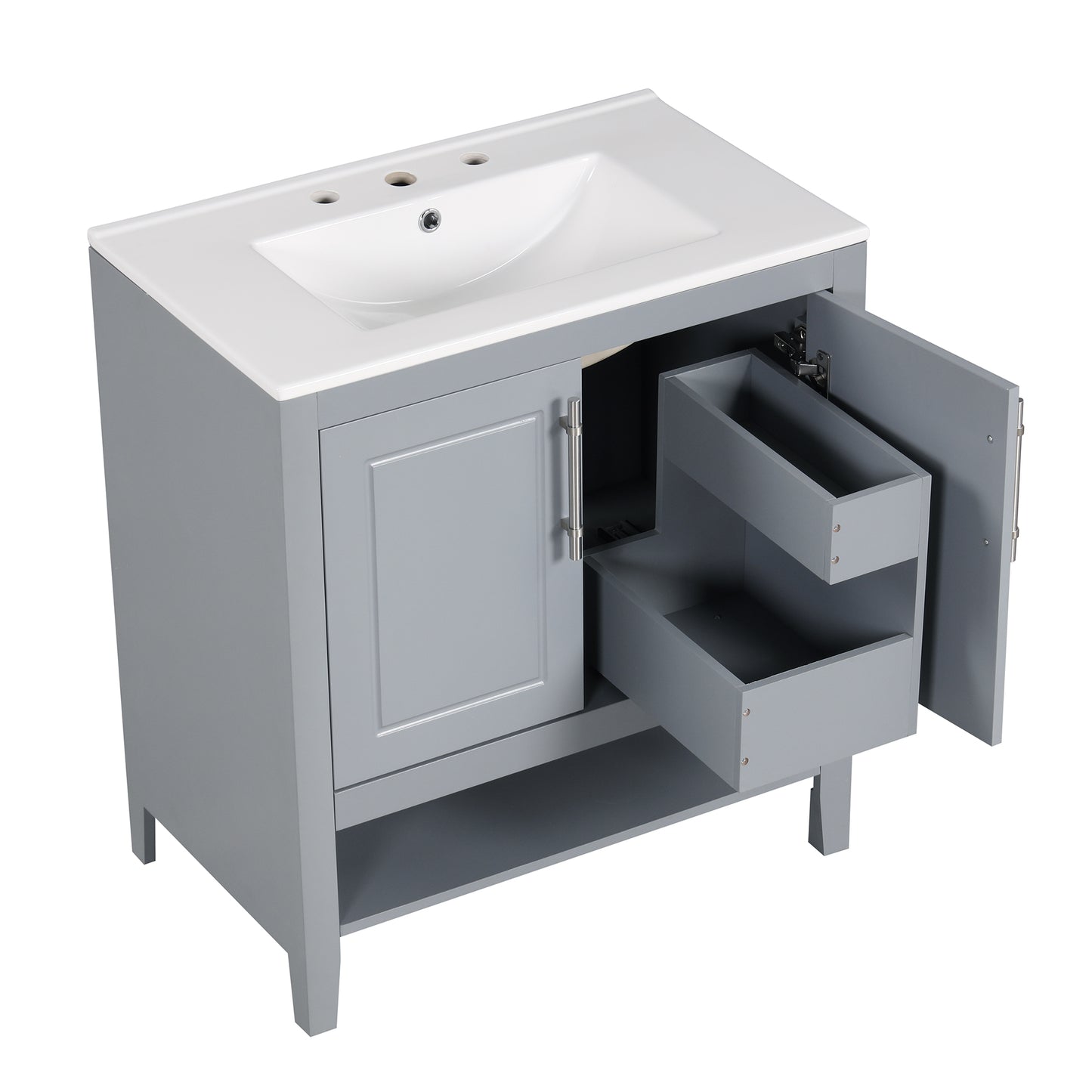 Bathroom Vanity with Sink, Multi-functional Bathroom Cabinet with Doors and Drawers, Solid Frame and MDF Board, Grey