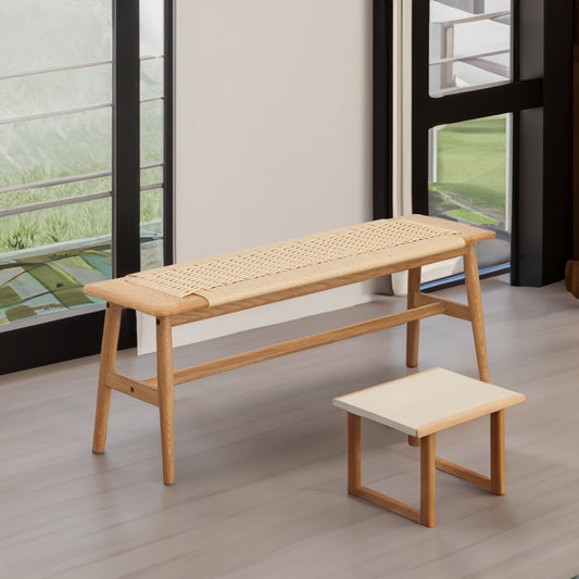 Natural Oak Dining Bench with Woven Seat