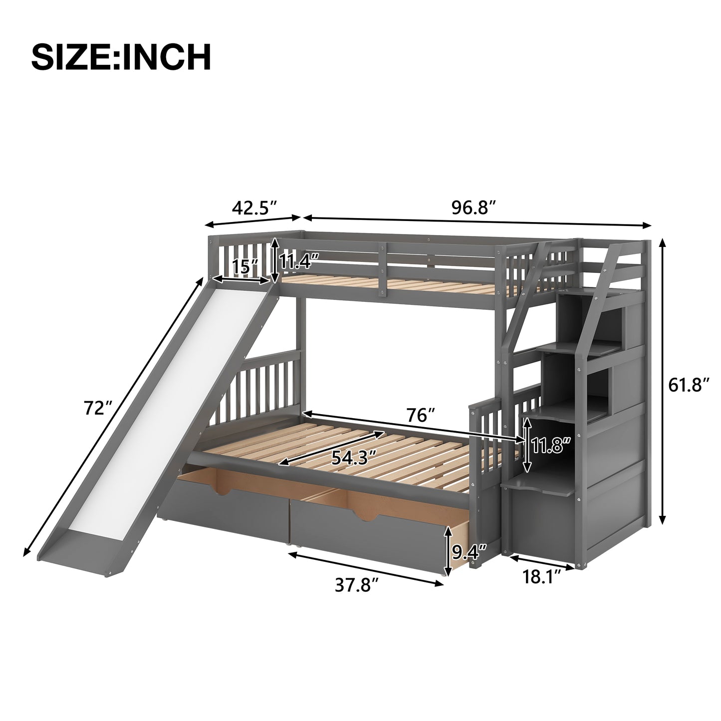 Twin over Full Bunk Bed with Drawers Storage and Slide  Multifunction Gray