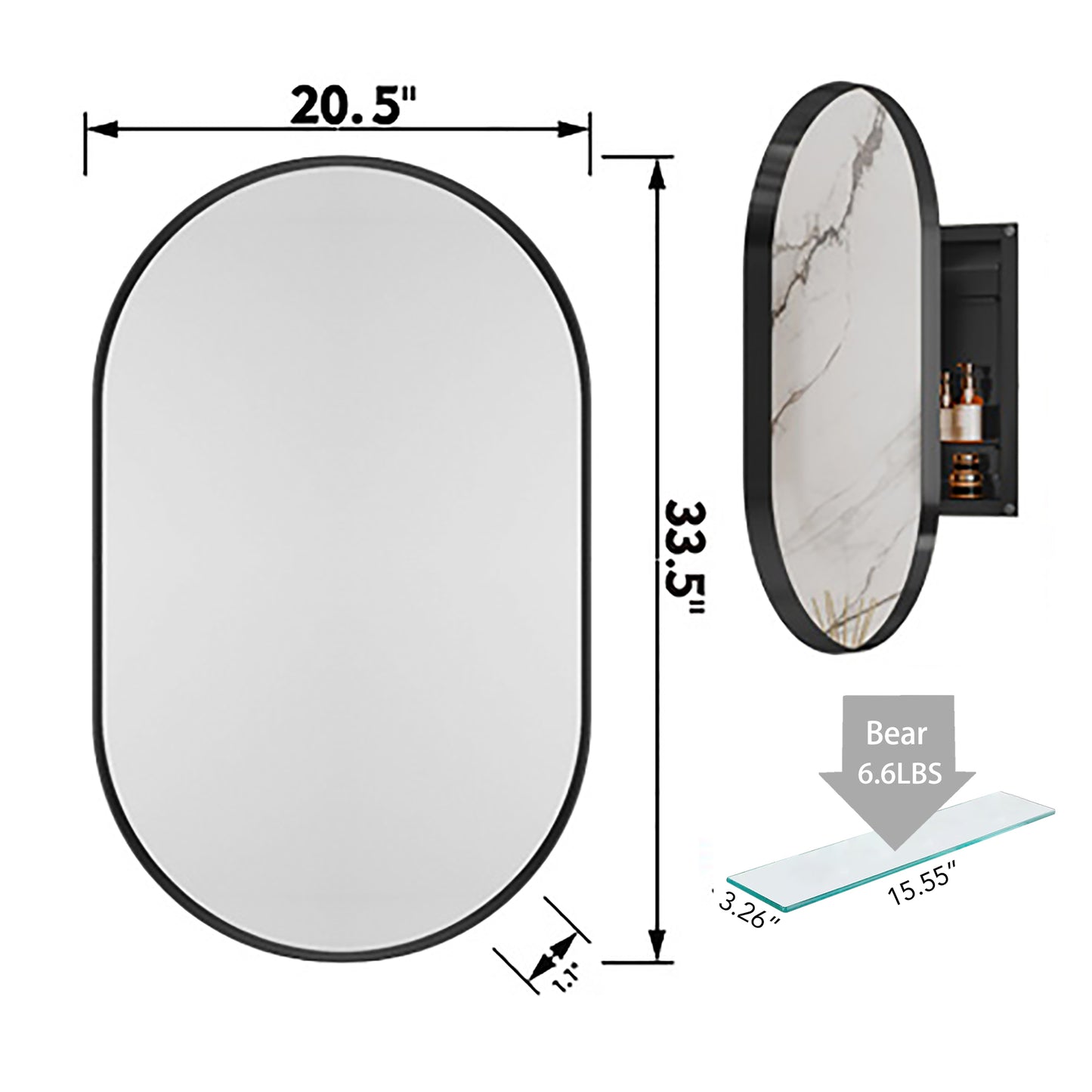 20x34 inch oval embedded medicine cabinet, metal frame bathroom cabinet with mirror and adjustable shelf matte black