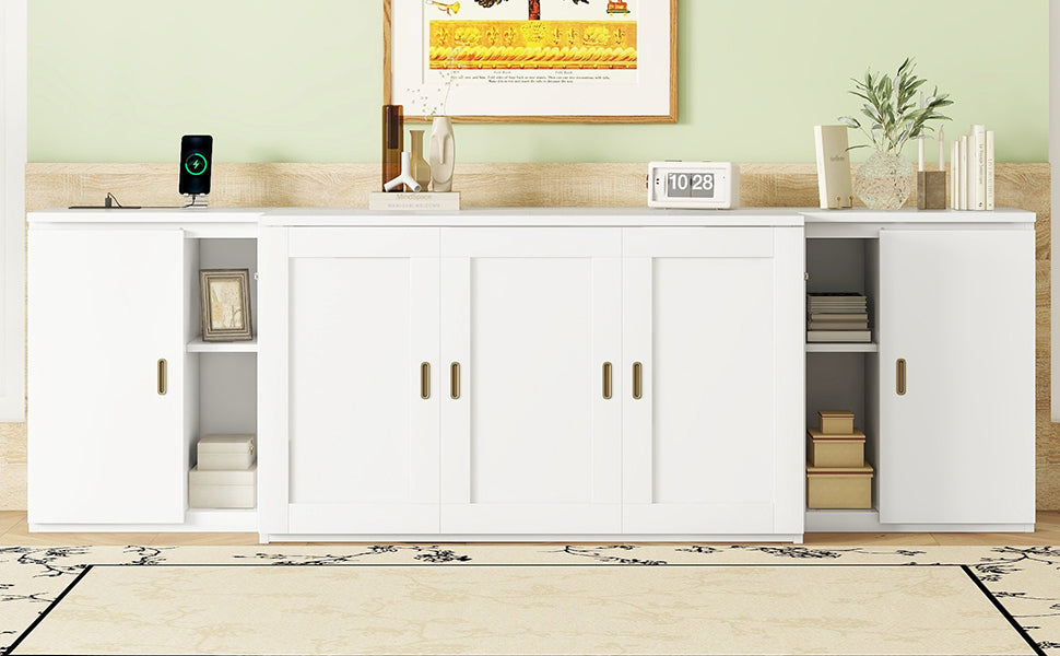 Full Size Murphy Bed with Shelves, Cabinets, and USB Ports, Space-Saving Design in White Finish