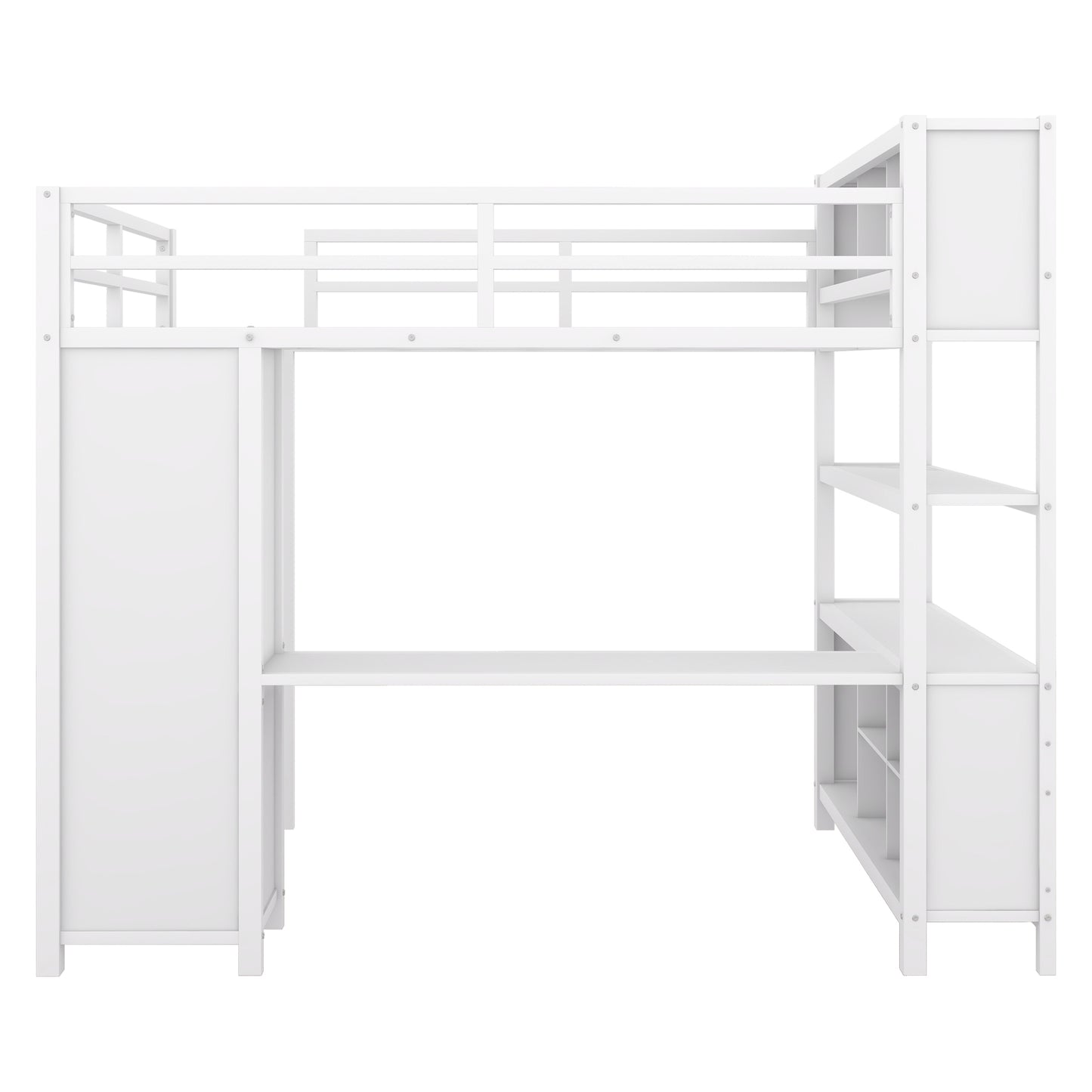 Metal loft bed with wardrobe and L-shaped desk, full-size loft bed with storage cabinet and shelf, white