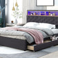 Queen Size Upholstered Platform Bed with Storage Headboard, LED Lights, USB Charging, and 2 Drawers, Dark Gray