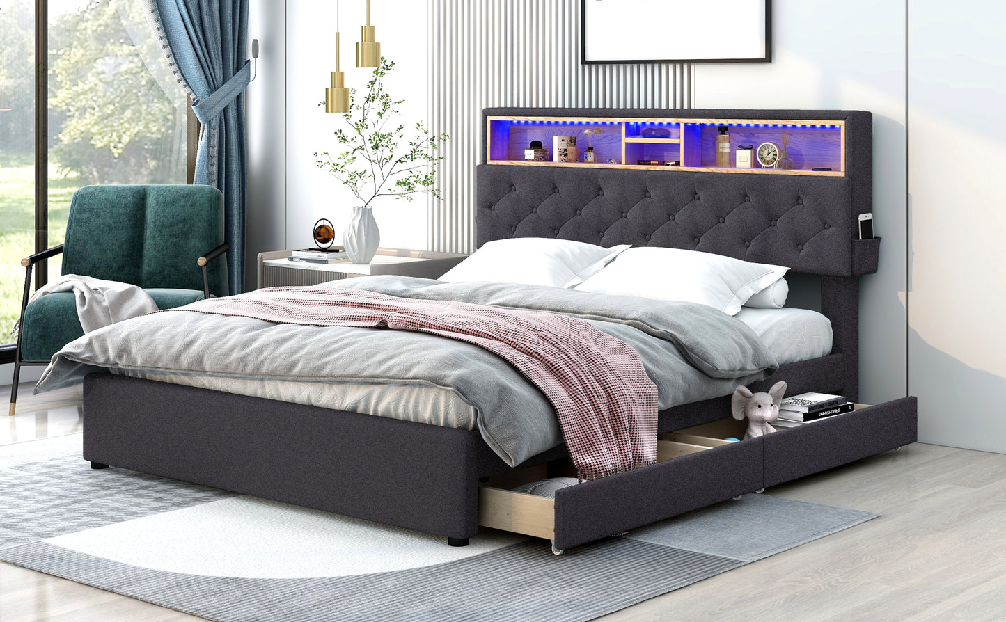 Queen Size Upholstered Platform Bed with Storage Headboard, LED Lights, USB Charging, and 2 Drawers, Dark Gray