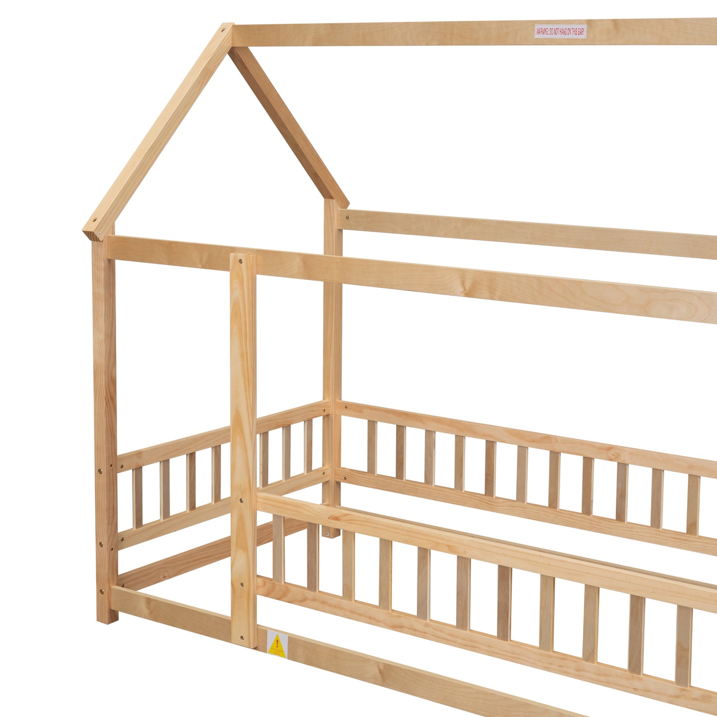 Twin Size Floor Wooden Bed with House Roof Frame, Fence Guardrails