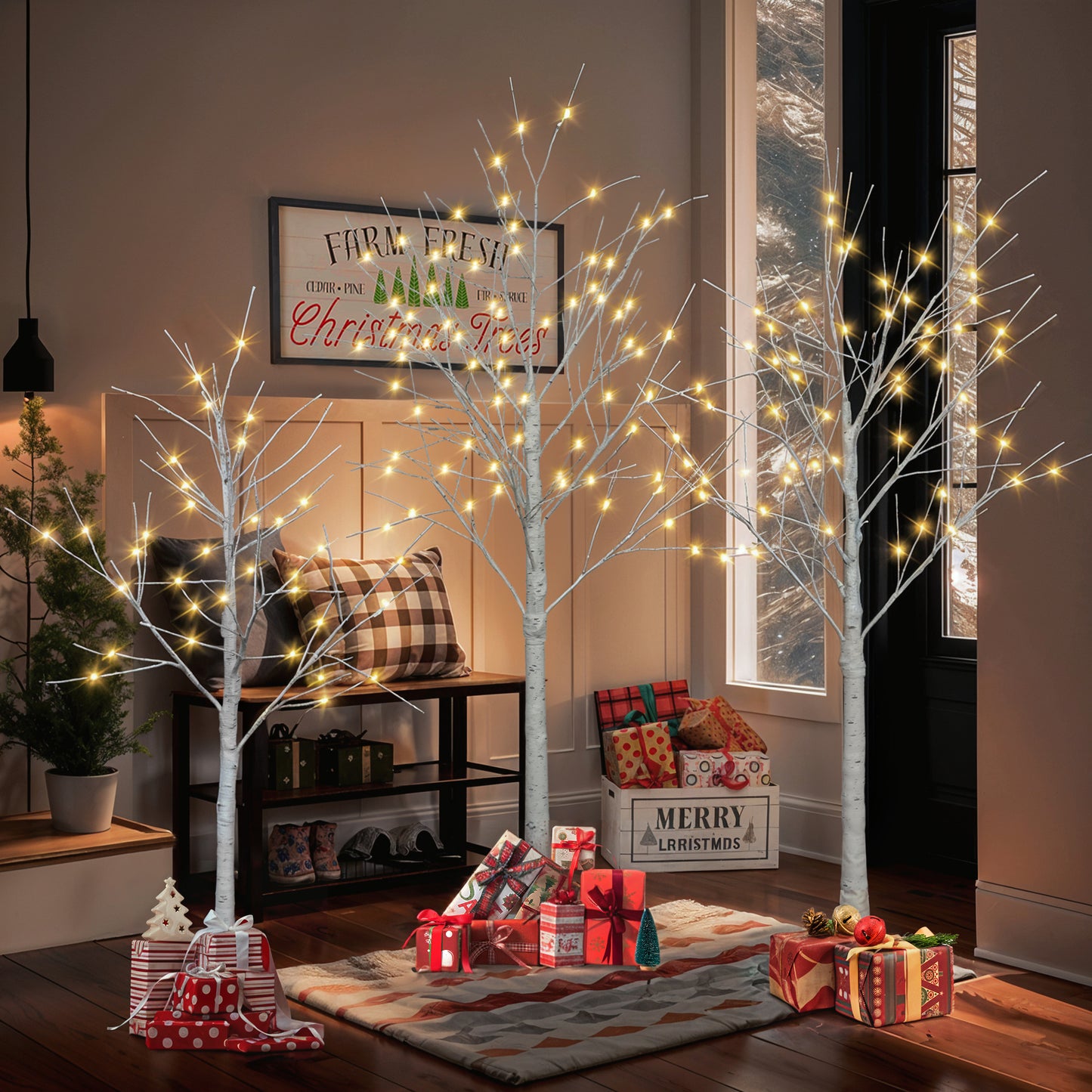 Artificial birch tree with light, 4FT 48 LED/5FT 72 LED/6FT 96 LED, with warm white light, indoor and outdoor decoration