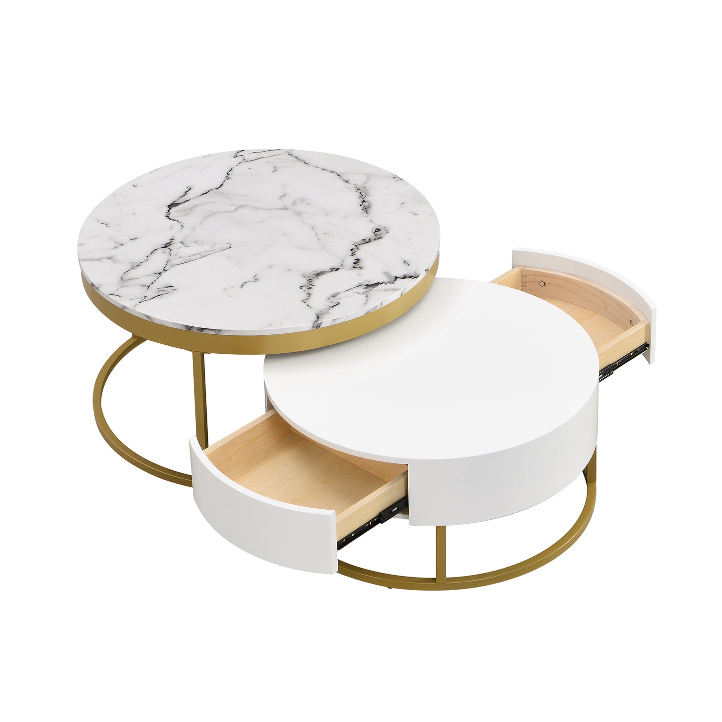 Modern Round Nesting Coffee Table with Drawers, White Finish for Living Rooms